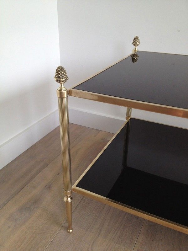 Neoclassical Style Coffee Table In Bronze And Brass With Double Black Lacquered Glass Tops From Maison Baguès photo for sale