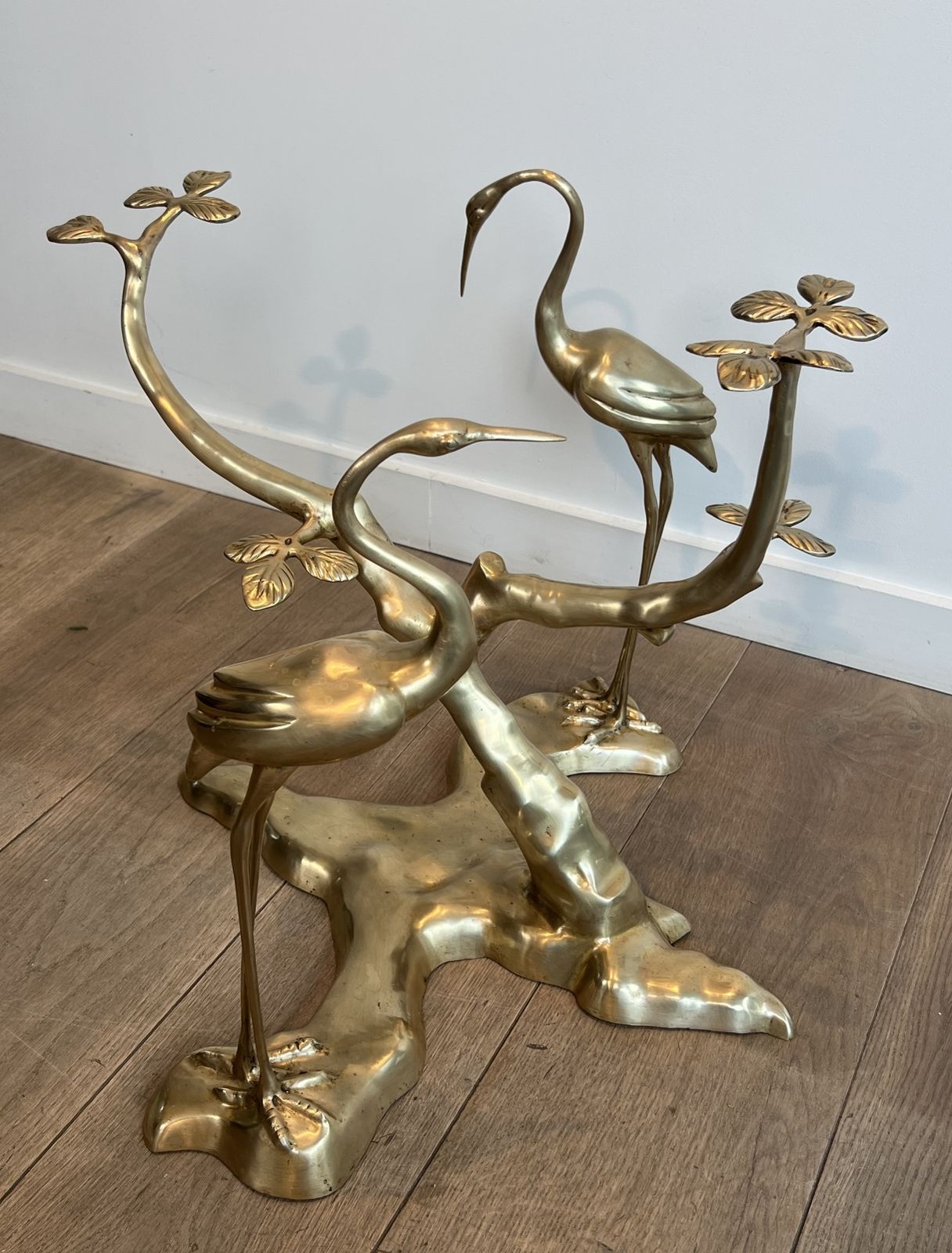 Willy Daro Brass Crane Model Coffee Table Surrounding A Bonsai Tree With Round Glass Top photo vintage