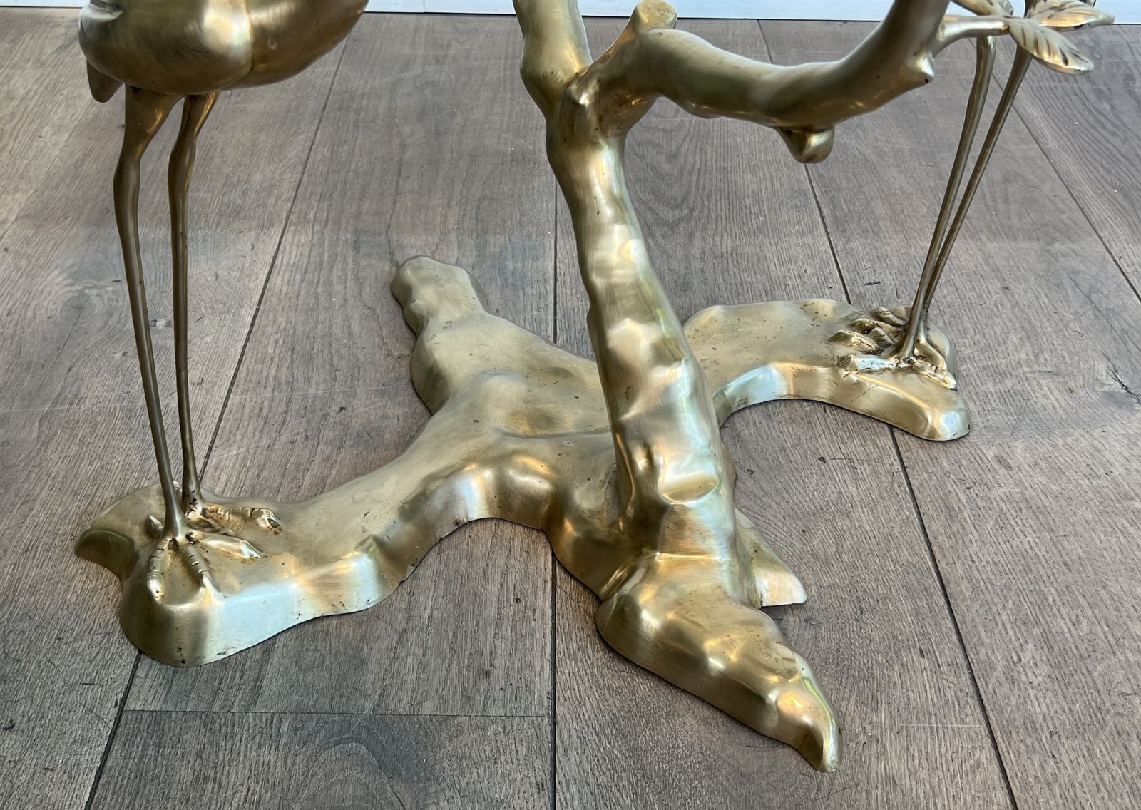photo for sale Willy Daro Brass Crane Model Coffee Table Surrounding A Bonsai Tree With Round Glass Top
