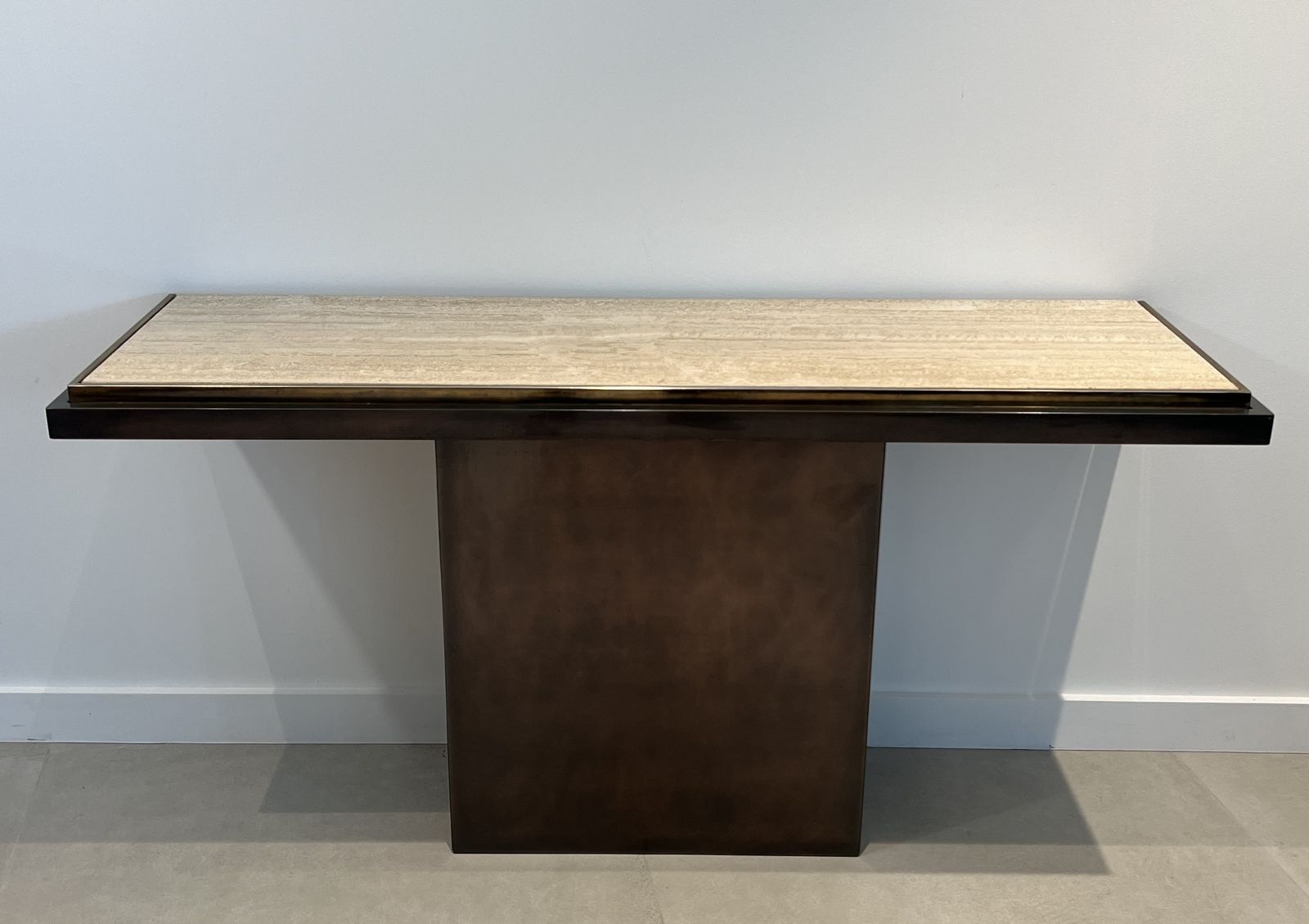 Gunmetal Patina Console With Travertine Top. French Work. Circa 1970