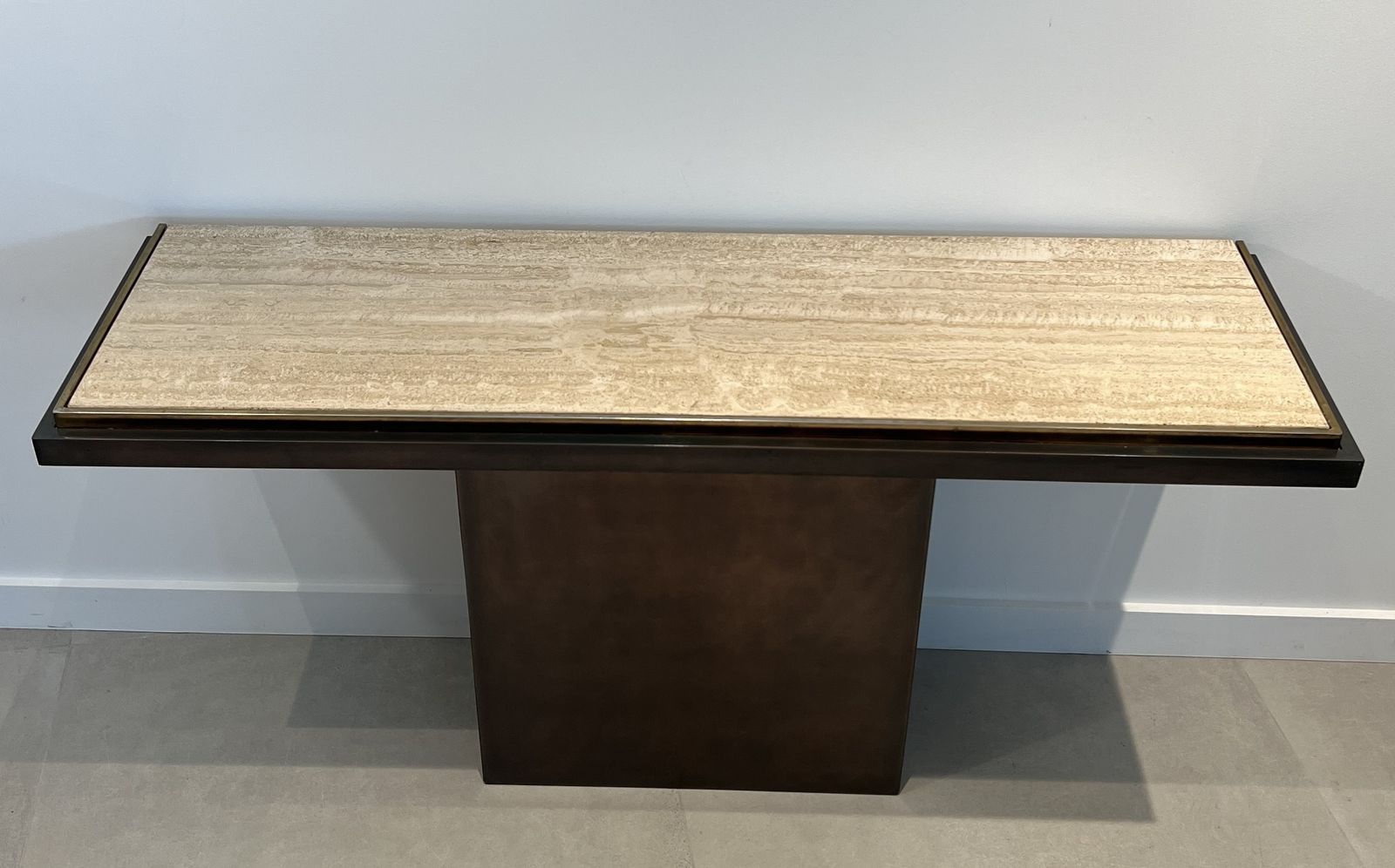 Gunmetal Patina Console With Travertine Top. French Work. Circa 1970 photo for sale