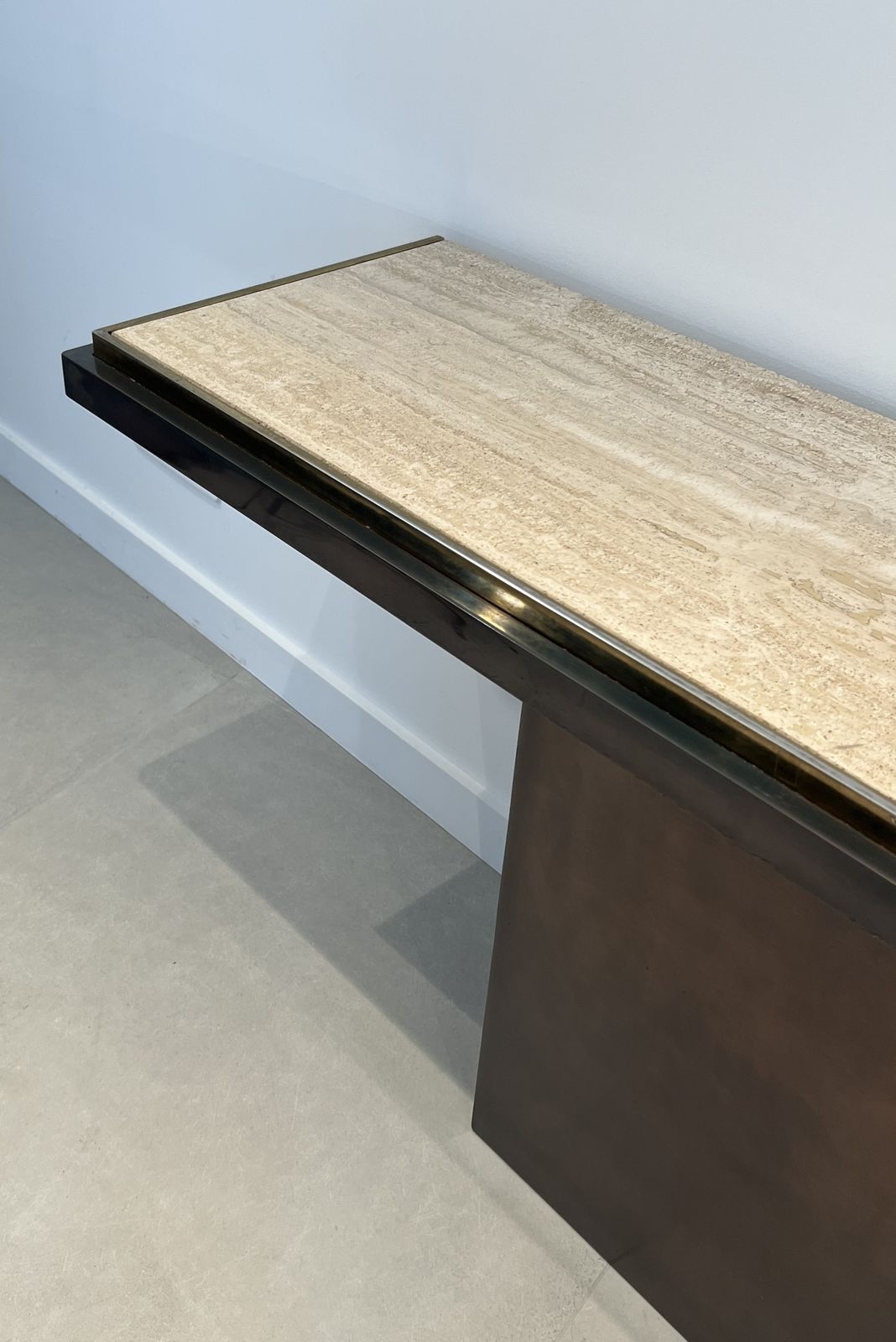 Gunmetal Patina Console With Travertine Top. French Work. Circa 1970 photo 3250.0