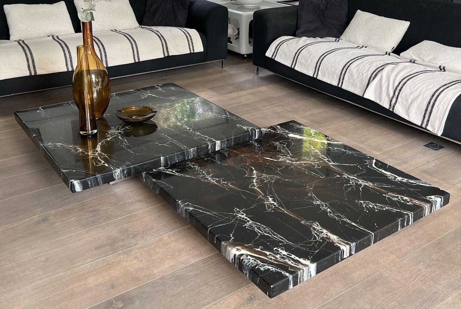 Coffee Table Composed Of Two Designer Faux Marble Tables Resting On Chrome Legs By Willy Rizzo