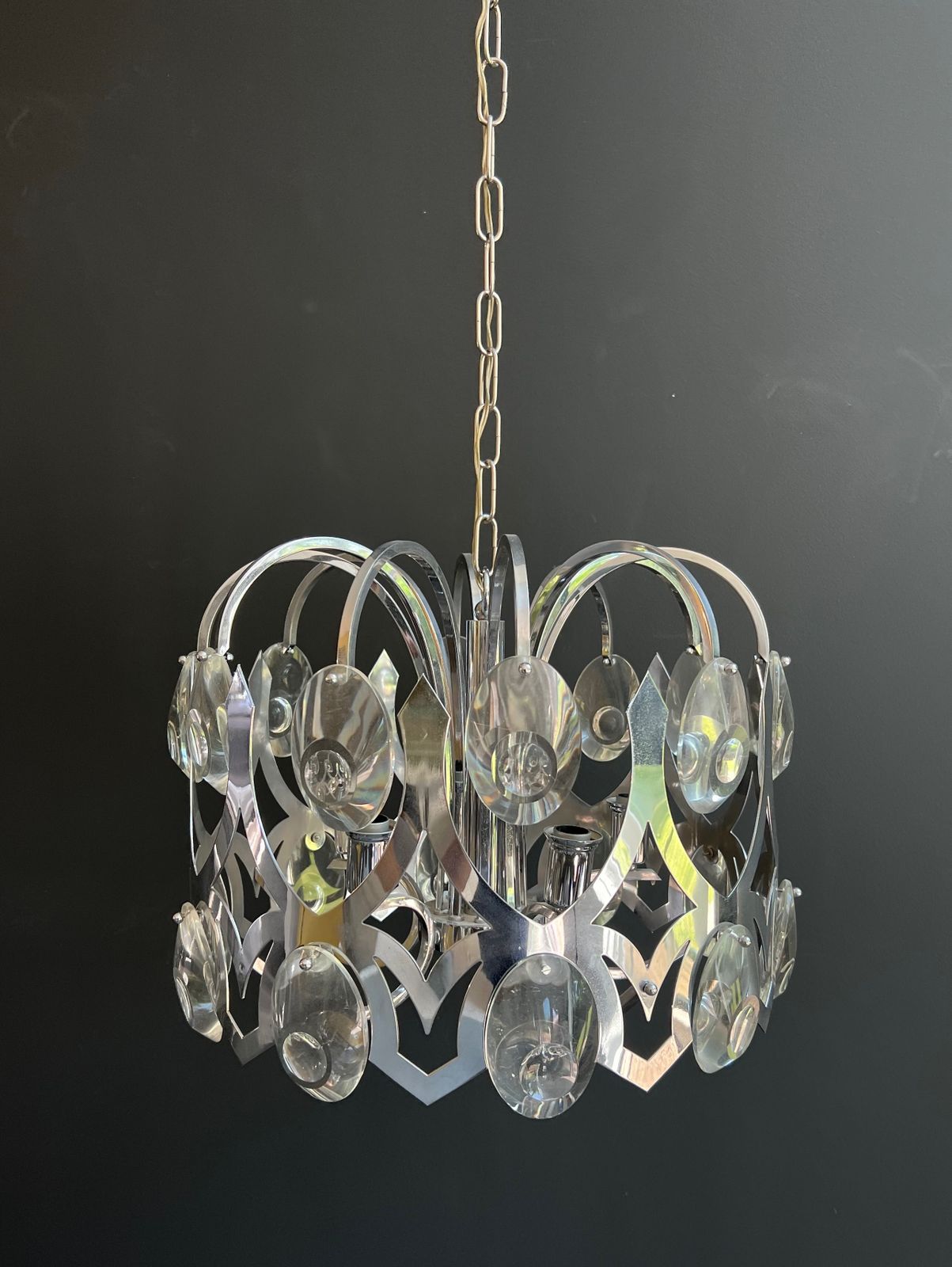 Chrome And Crystal Designer Chandelier By Angelo Gaetano Sciolari. Circa 1970 photo Lighting