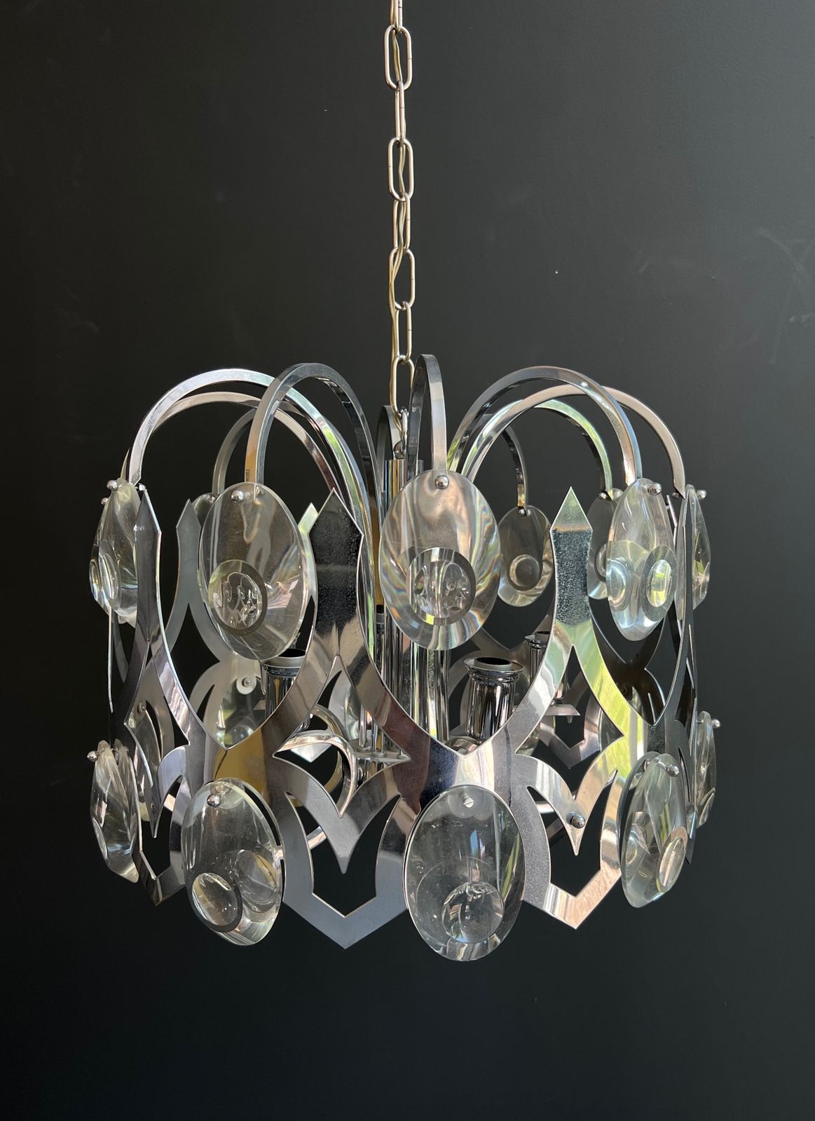 Chrome And Crystal Designer Chandelier By Angelo Gaetano Sciolari. Circa 1970 photo vinterior