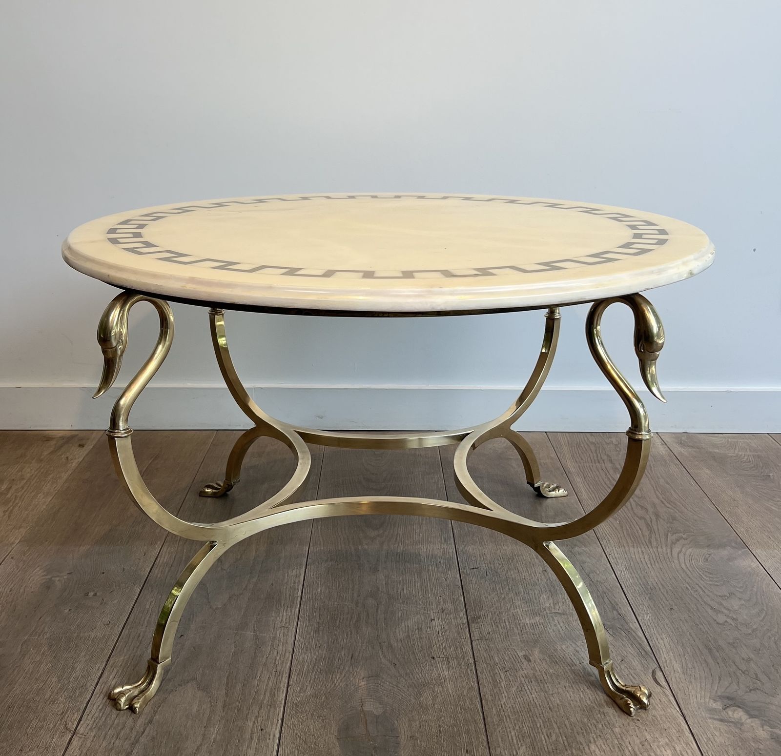 Neoclassical Style Round Brass Coffee Table With Swan Necks And Legs And Brass Inlaid Marble Top From Maison Jansen