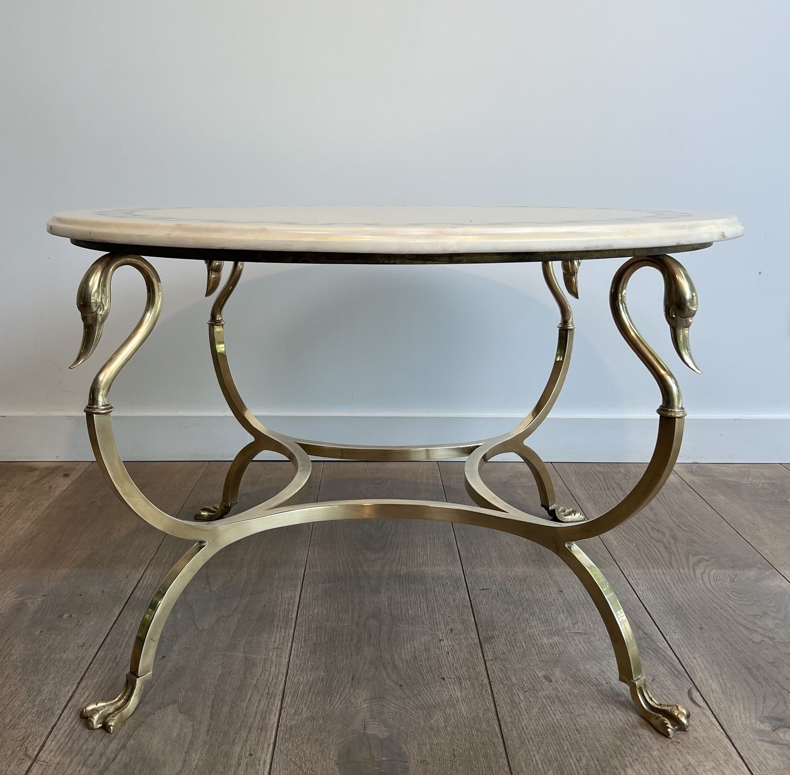 Neoclassical Style Round Brass Coffee Table With Swan Necks And Legs And Brass Inlaid Marble Top From Maison Jansen photo for sale