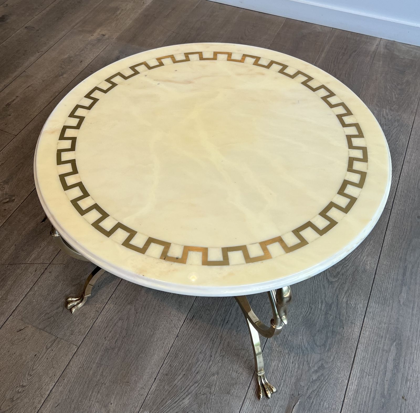 Neoclassical Style Round Brass Coffee Table With Swan Necks And Legs And Brass Inlaid Marble Top From Maison Jansen photo 3450.0
