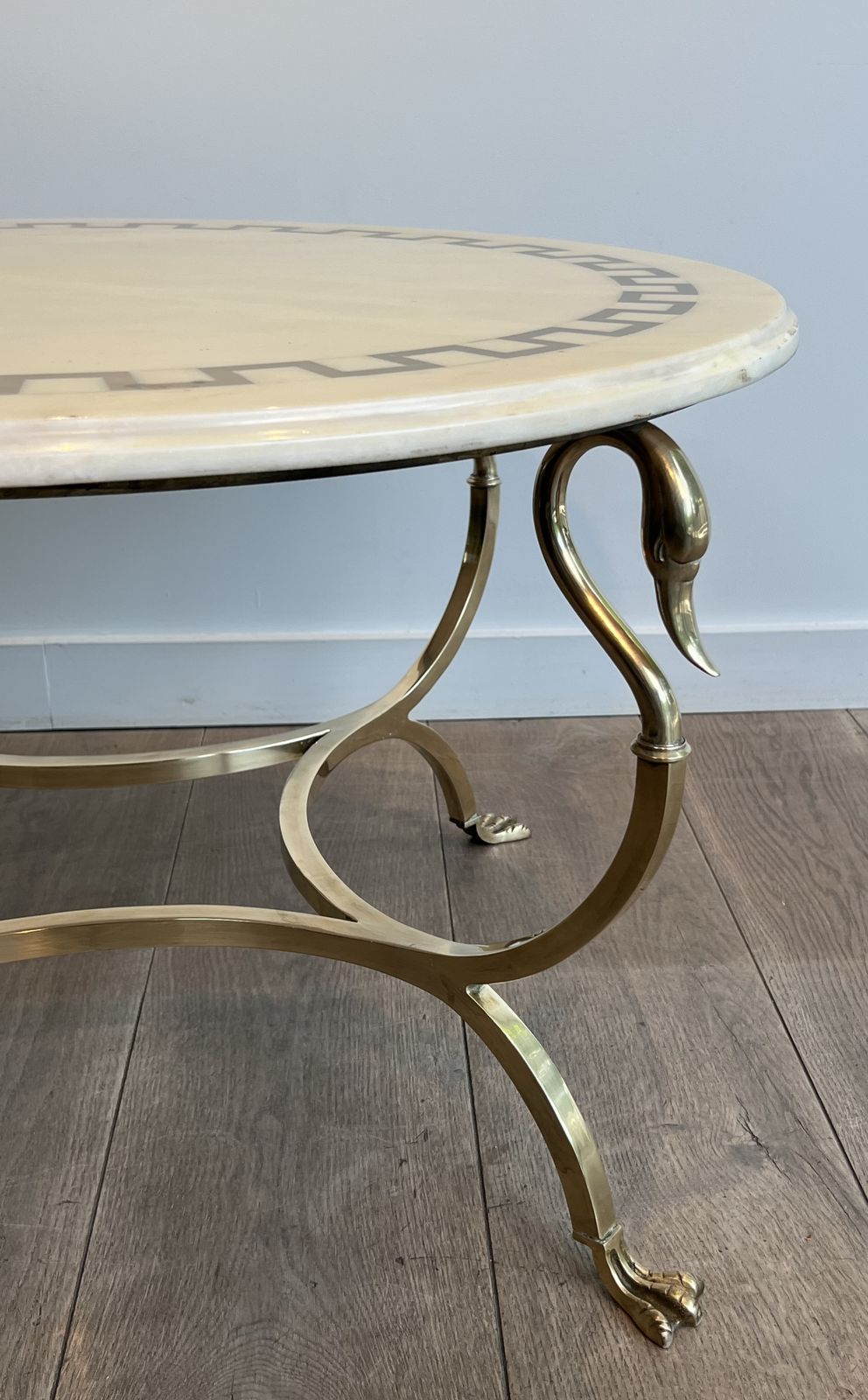 Neoclassical Style Round Brass Coffee Table With Swan Necks And Legs And Brass Inlaid Marble Top From Maison Jansen photo vintage