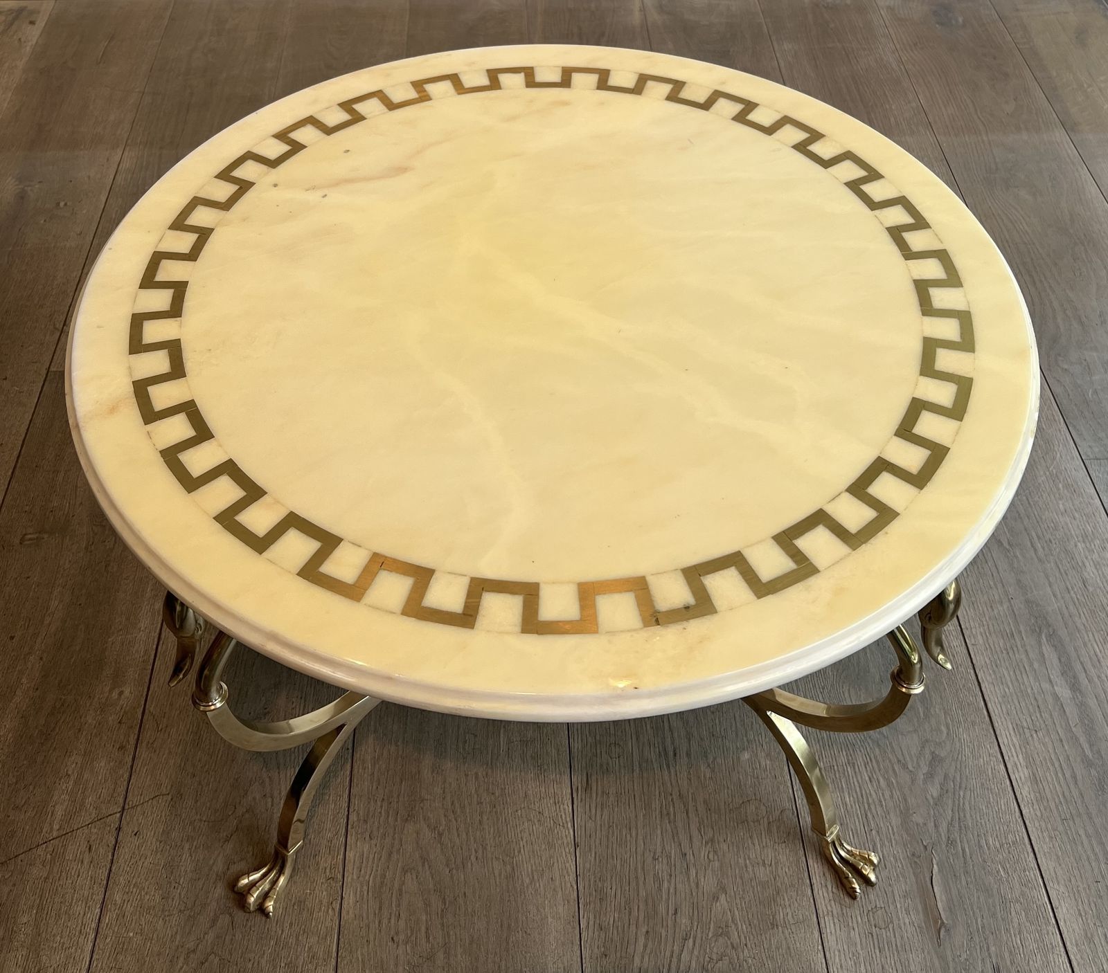 photo vinterior Neoclassical Style Round Brass Coffee Table With Swan Necks And Legs And Brass Inlaid Marble Top From Maison Jansen