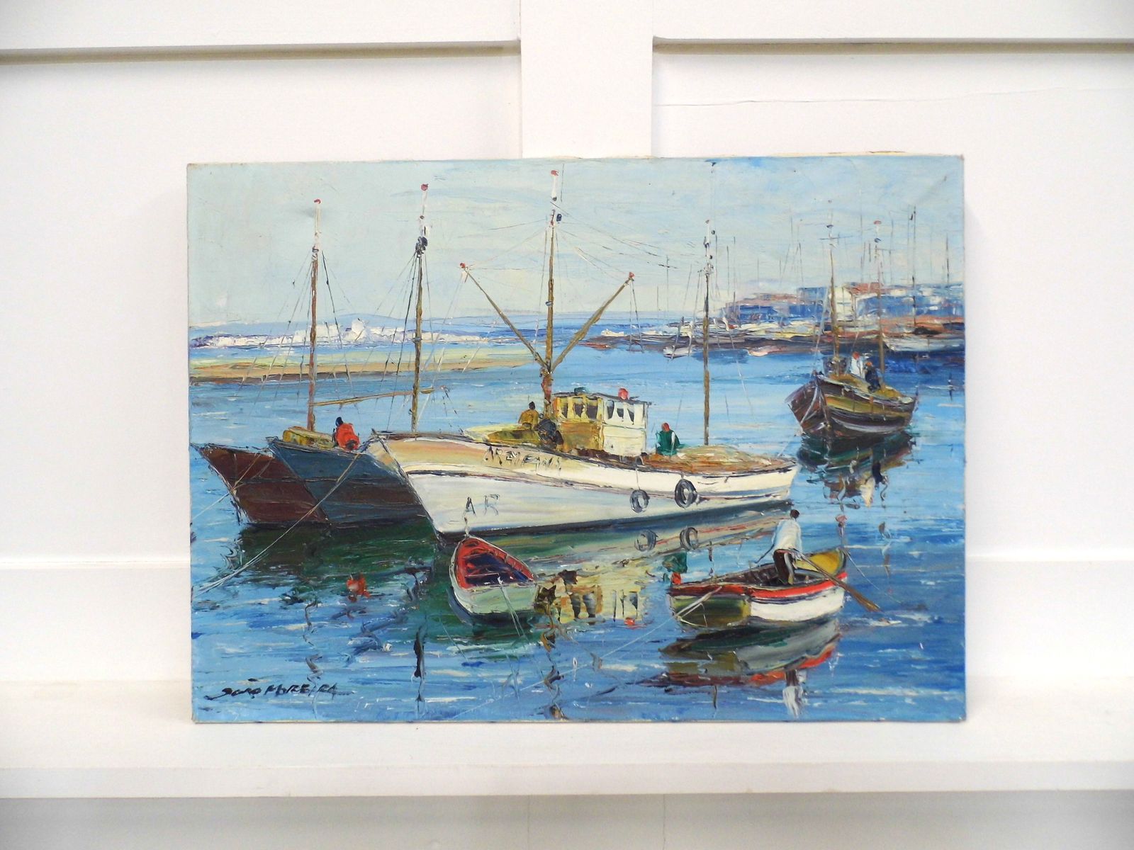 Vintage Oil Painting On Canvas Of Fishing Boats In Harbour Signed Art Work photo furniture