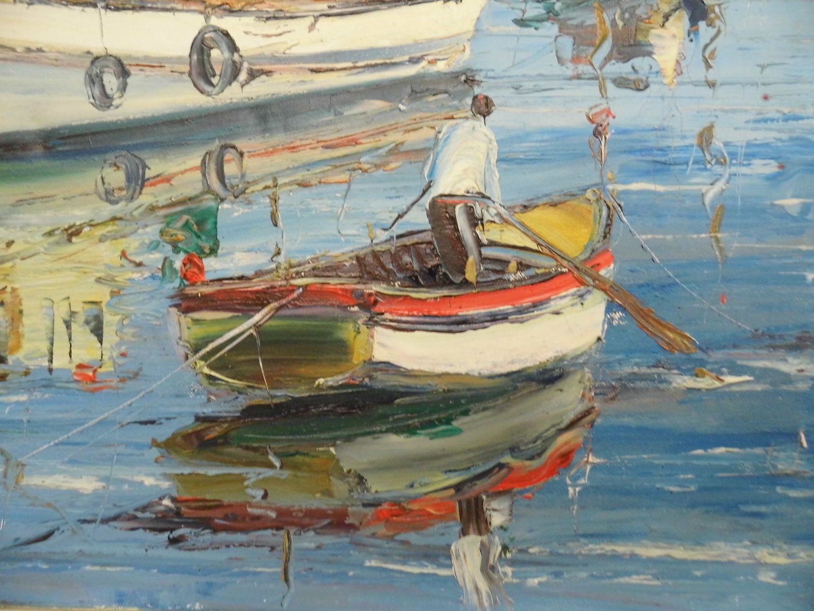 photo for sale Vintage Oil Painting On Canvas Of Fishing Boats In Harbour Signed Art Work