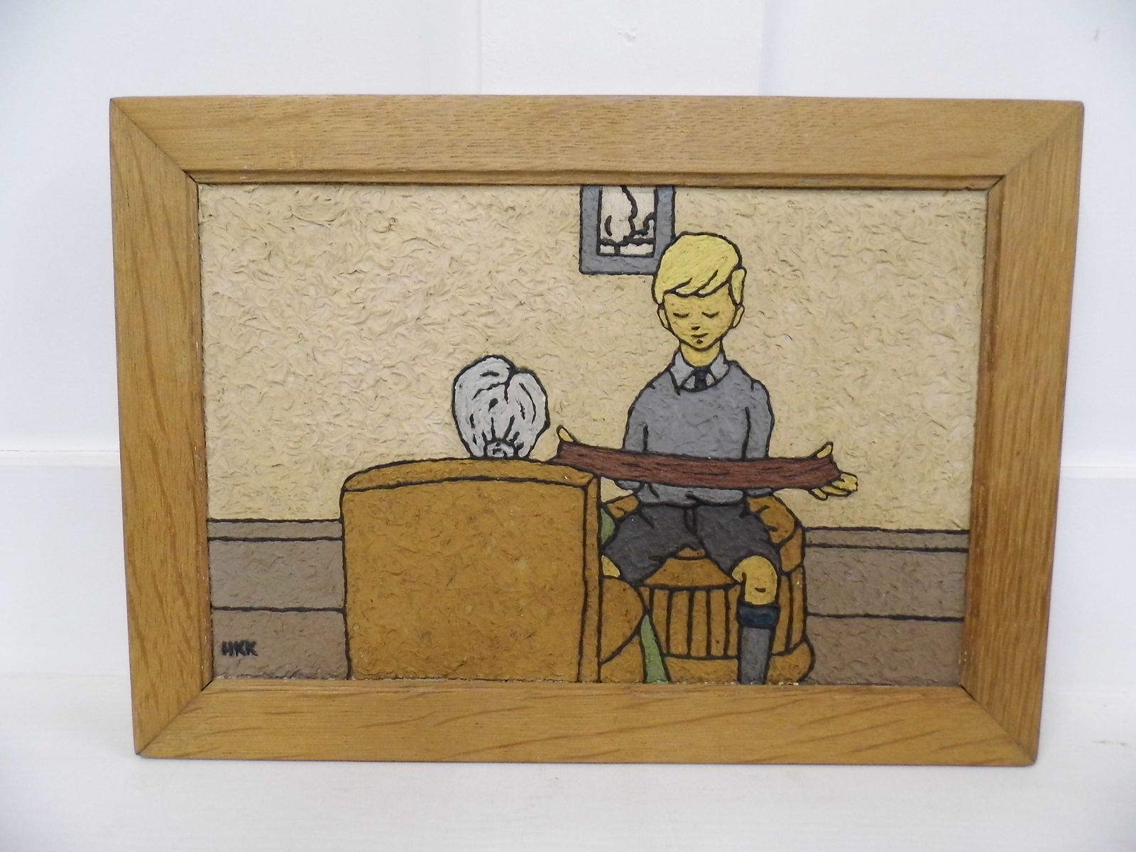 Vintage Mixed Media Pastel Art Painting By Hkk Retro Boy Holding Wool Oak Frame