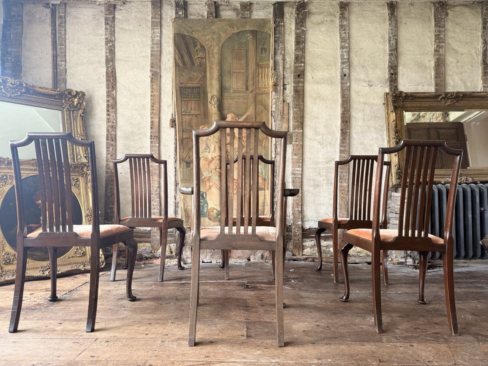 High Quality Antique Dining Pink Velvet Drop In Seats Chairs Waring And Gillow photo vinterior