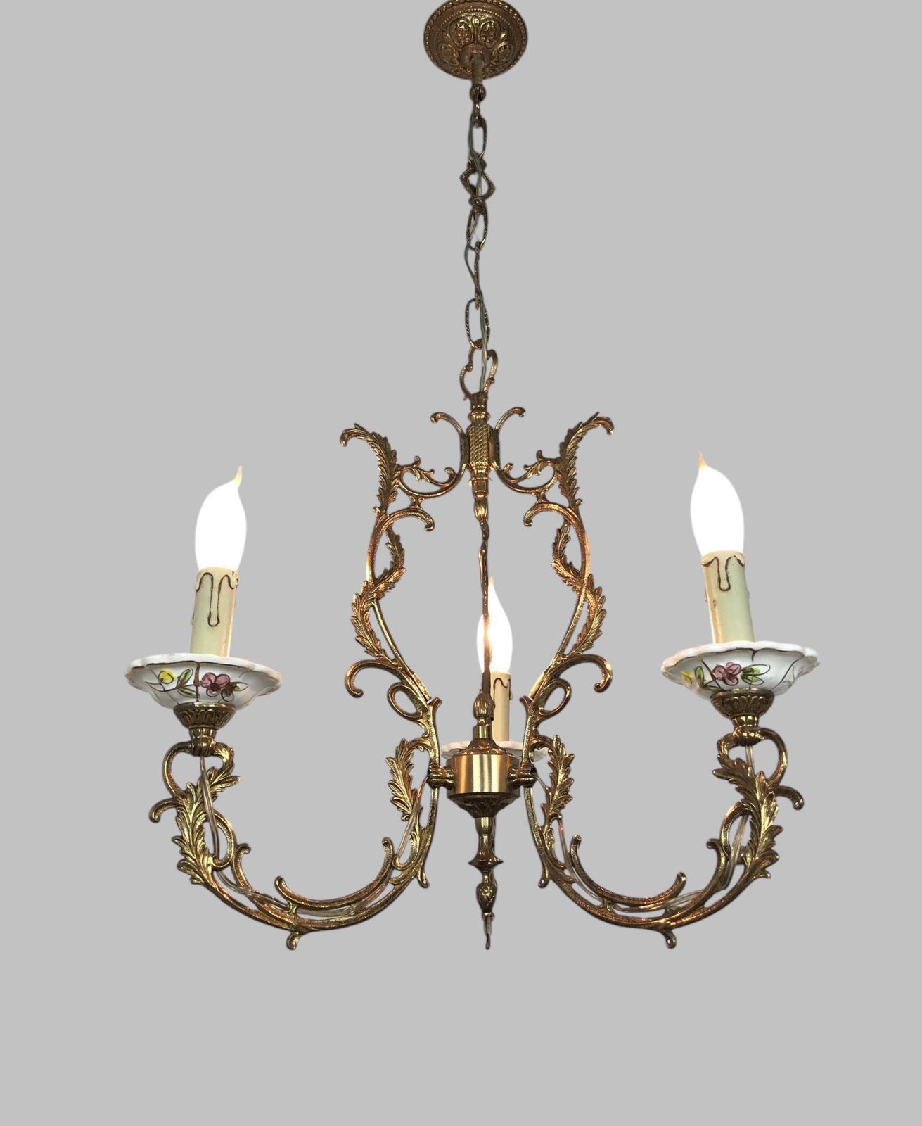 Gilt Bronze & Porcelain Chandelier With Matching Wall Lights photo 385.0