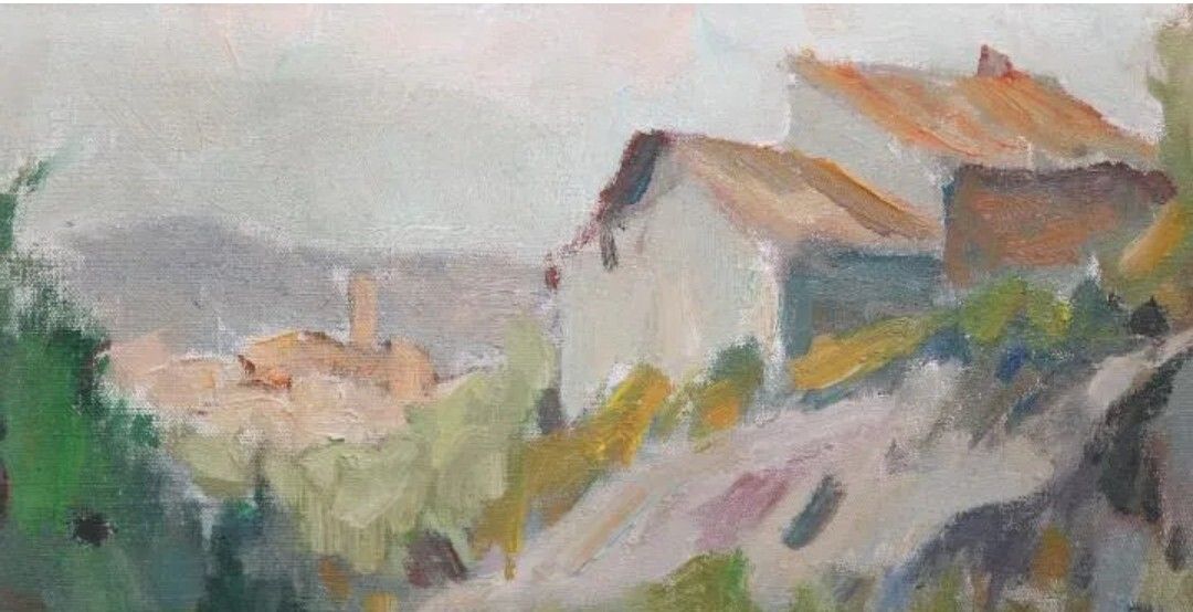 20th Century Impressionist Oil Painting | Village / Town Landscape | Antique photo for sale
