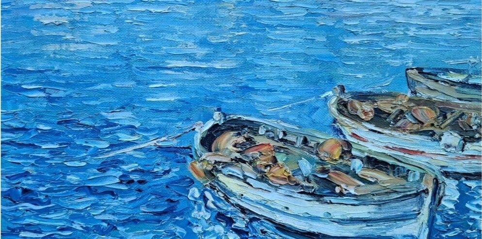 Fine 20th Century Impressionist Oil Painting – Seascape With Boats photo Art