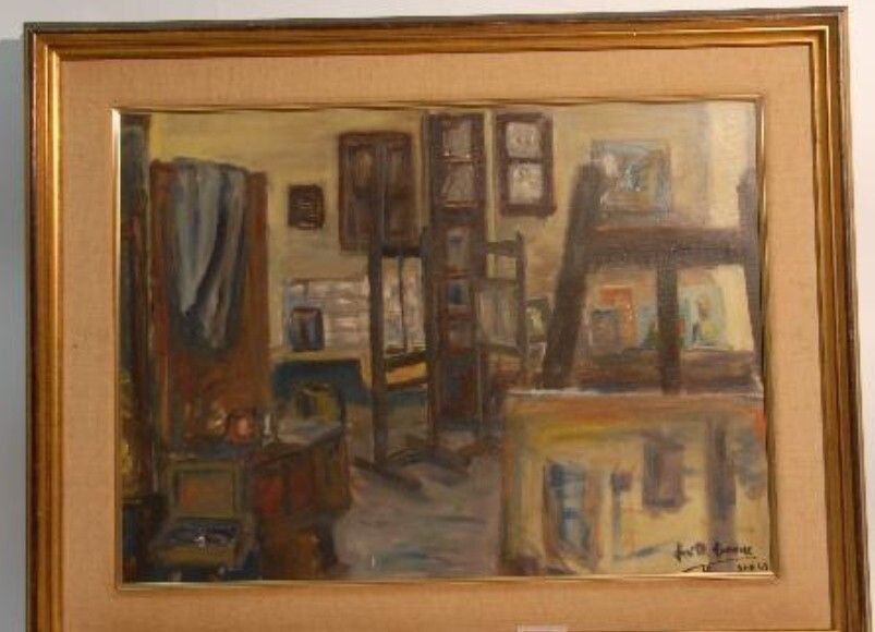 Antique Impressionist Oil Painting 20th Century. Interior Scene. Atelier.