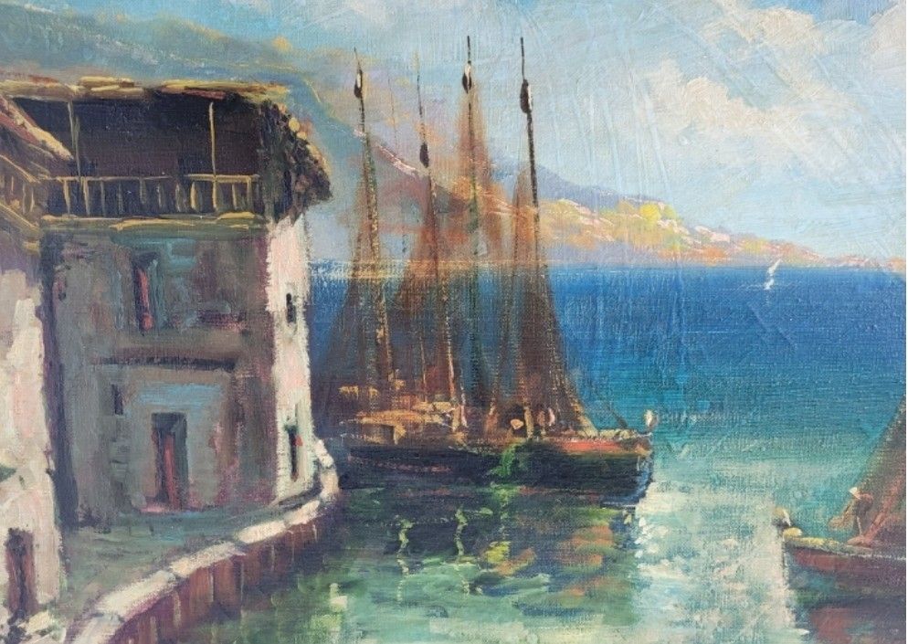 Oil Painting Seascape Boats Impressionist 20th Century photo for sale