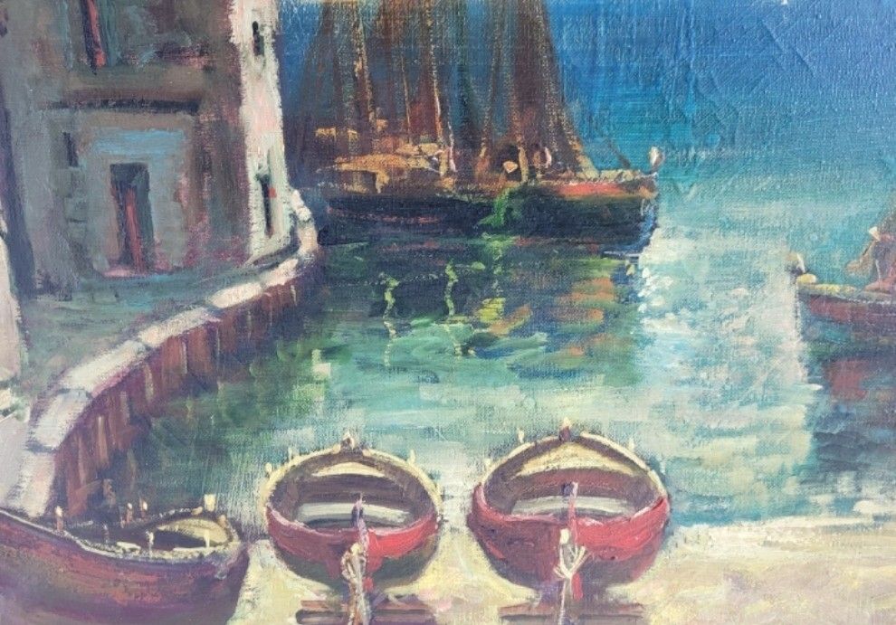 Oil Painting Seascape Boats Impressionist 20th Century photo vinterior