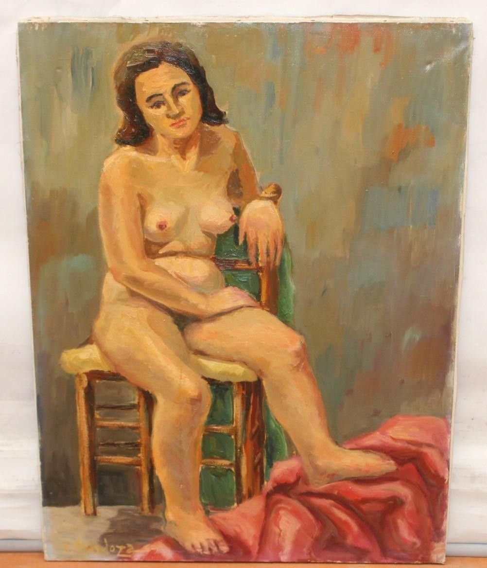 Antique Oil Painting Portrait Nude Woman Impressionist 20th Century photo furniture