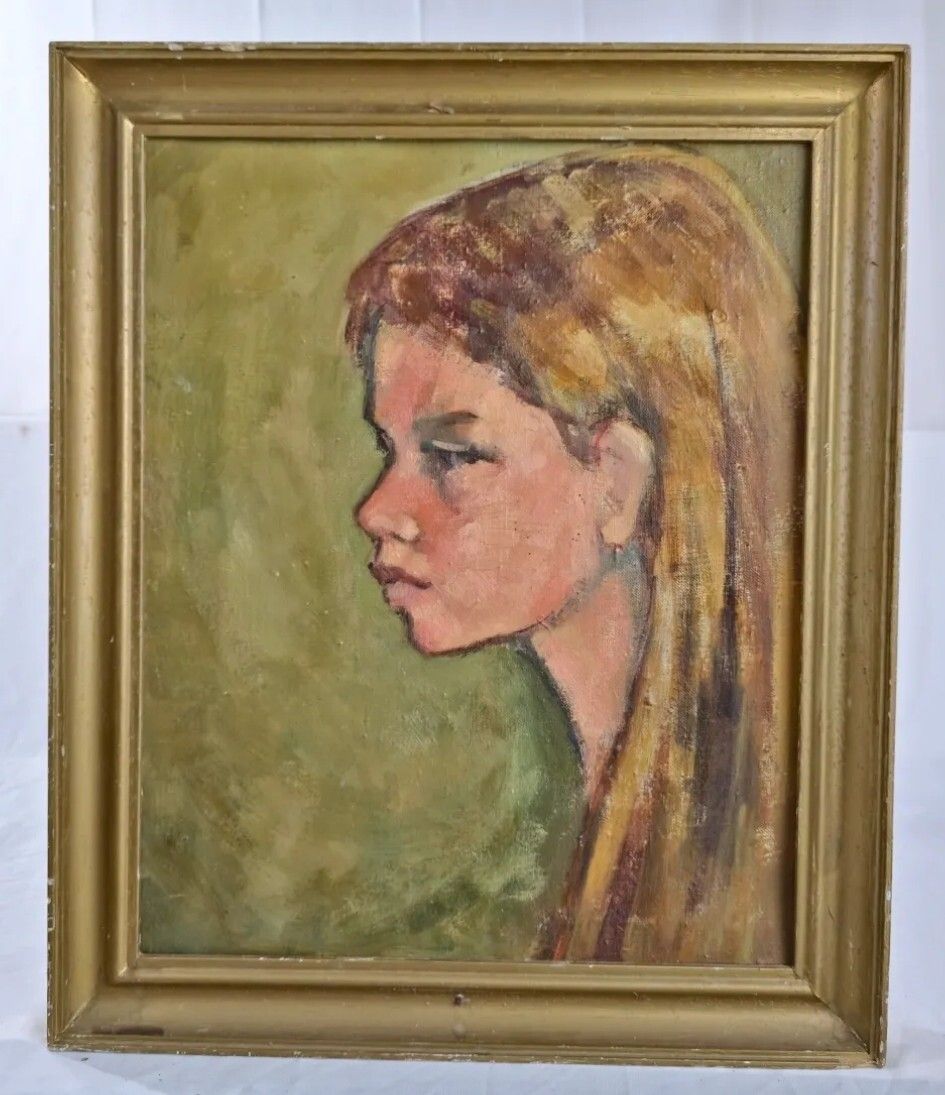 Antique Oil Painting Portrait Woman Impressionist 20th Century photo furniture