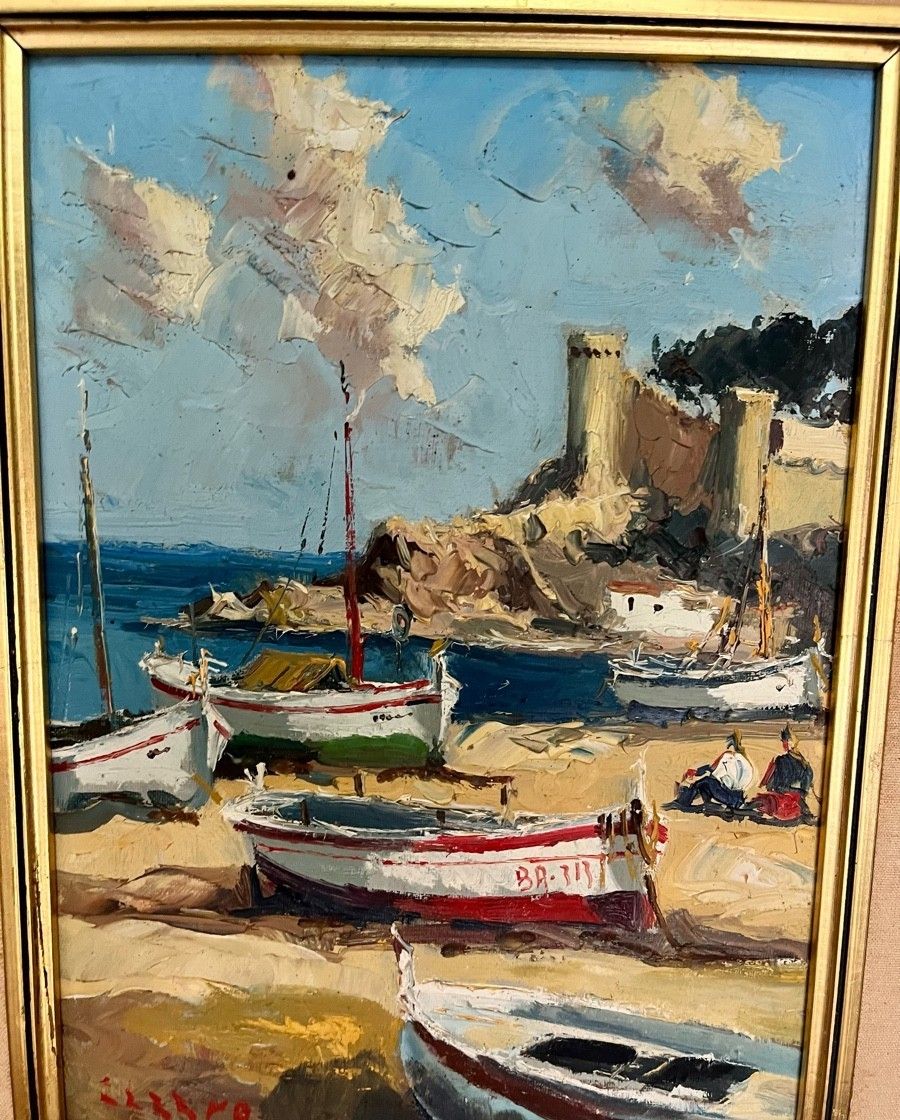 Antique Oil Painting Seascape Impressionist Boats 20th Century photo for sale