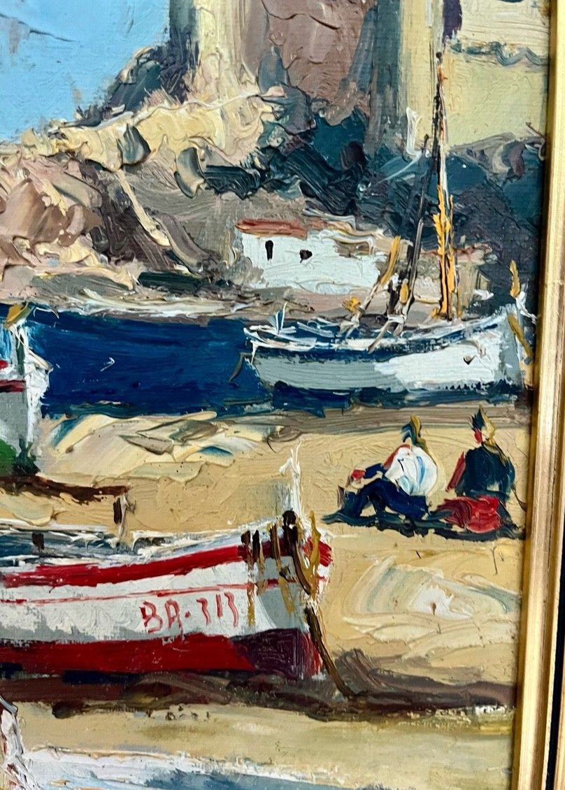 Antique Oil Painting Seascape Impressionist Boats 20th Century photo vintage