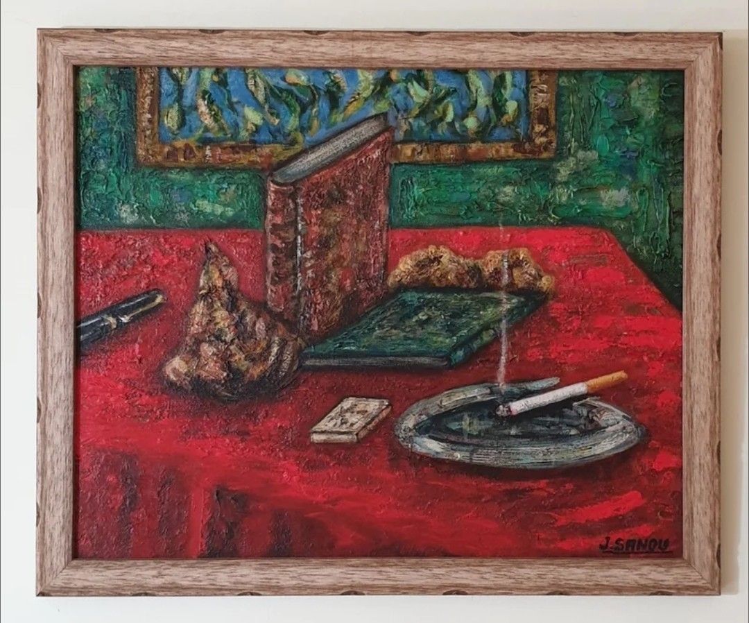 Antique Impressionist 20th Century Still Life Cigarette Painting photo furniture