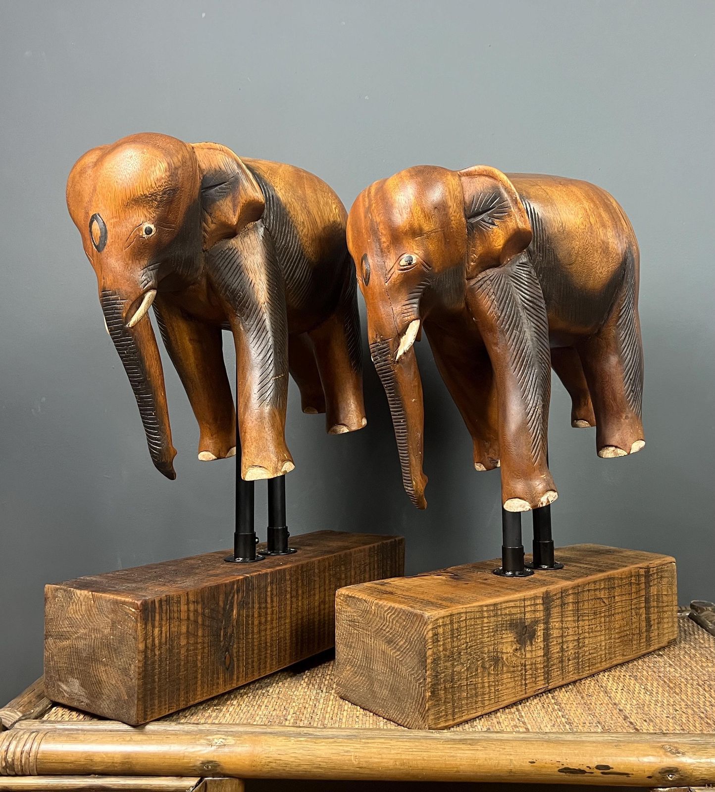 Pair Large Antique Early 20th Century Rosewood Asian Elephants On Stylish Stands photo 595.0