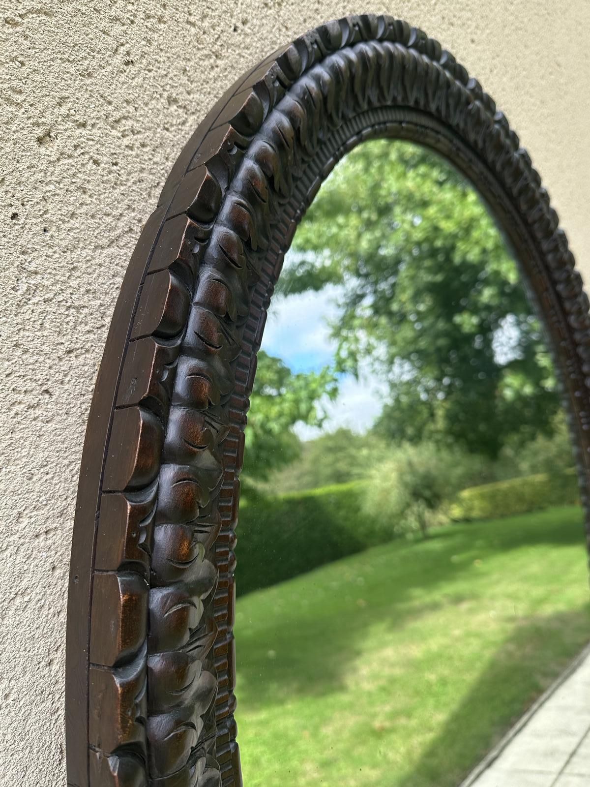 Antique French Large Carved Oval Wooden Mirror photo for sale