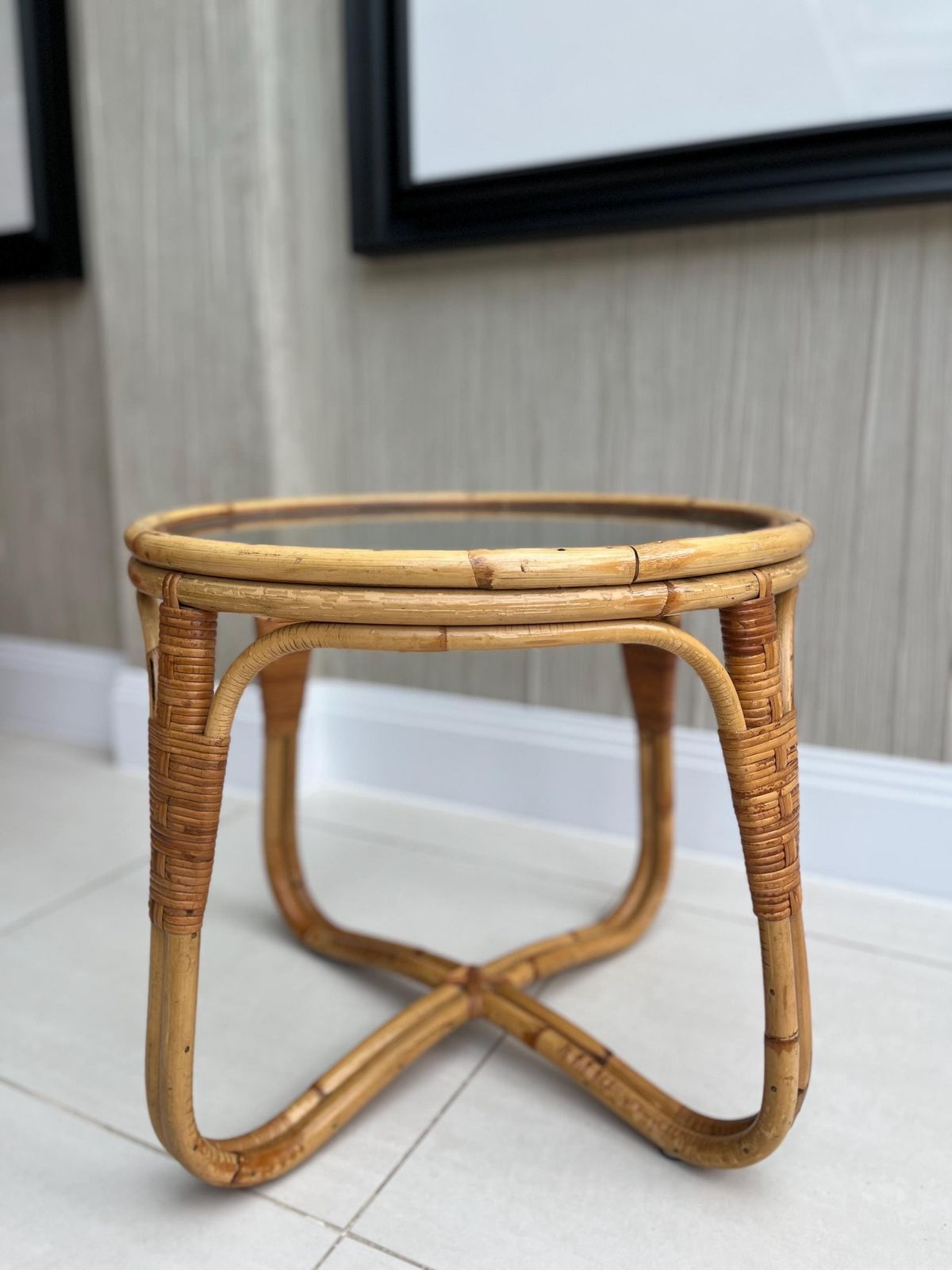 Angraves Bamboo & Textured Glass Coffee Table — 1970s British Cane Design photo furniture