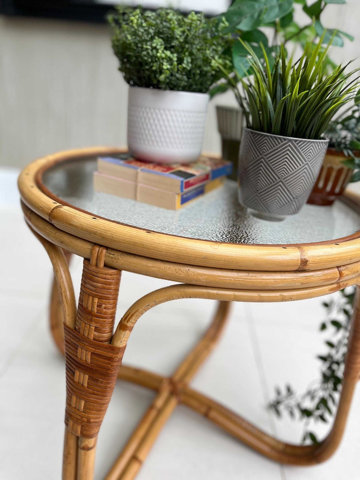 325.0 Angraves Bamboo & Textured Glass Coffee Table — 1970s British Cane Design photo