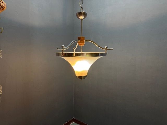 Art Deco Chrome And Murano Glass Pendant Light, Italy, 1950s photo for sale