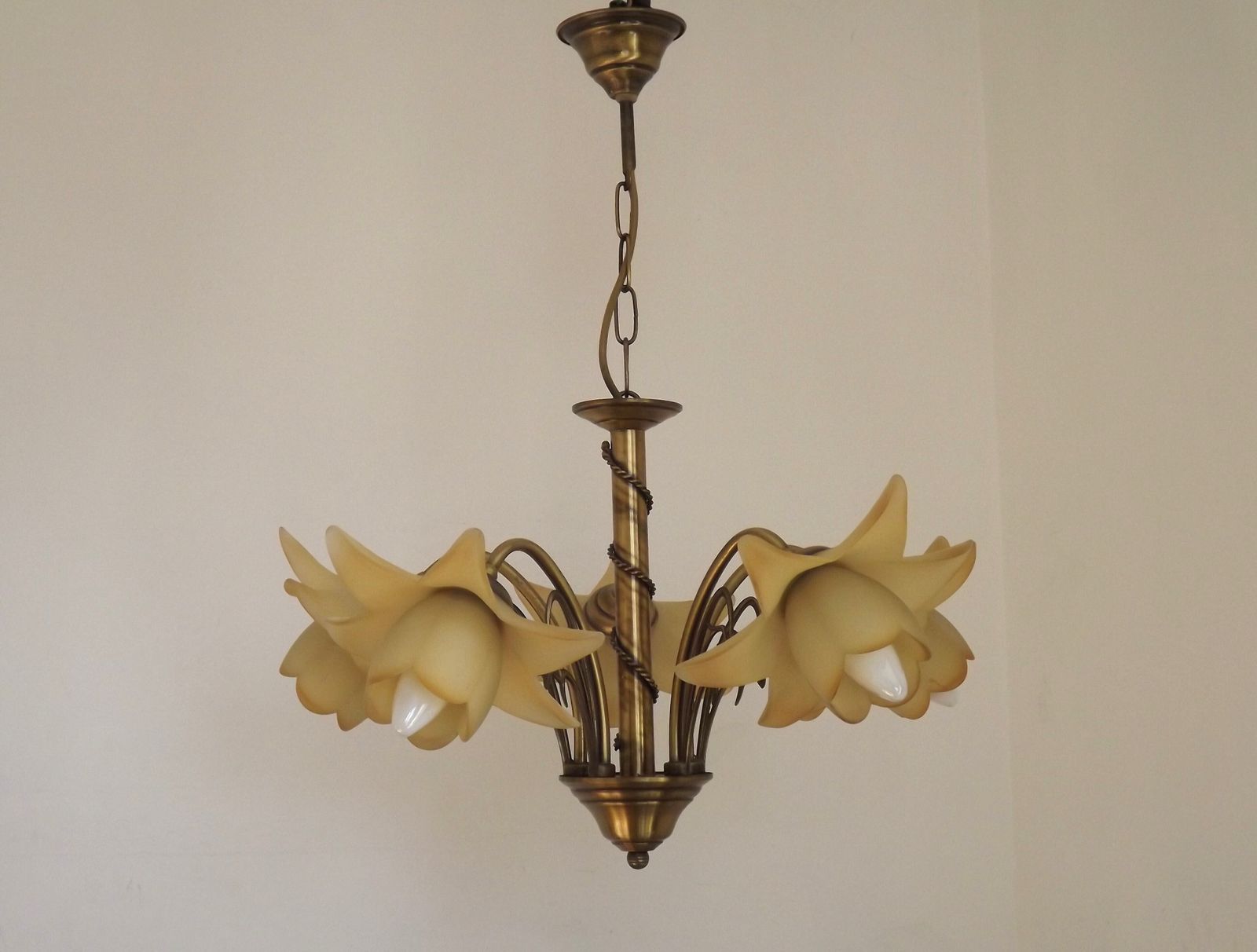 French Vintage 5 Light Bronze Effect Metal Chandelier Pretty Glass Flower Shades