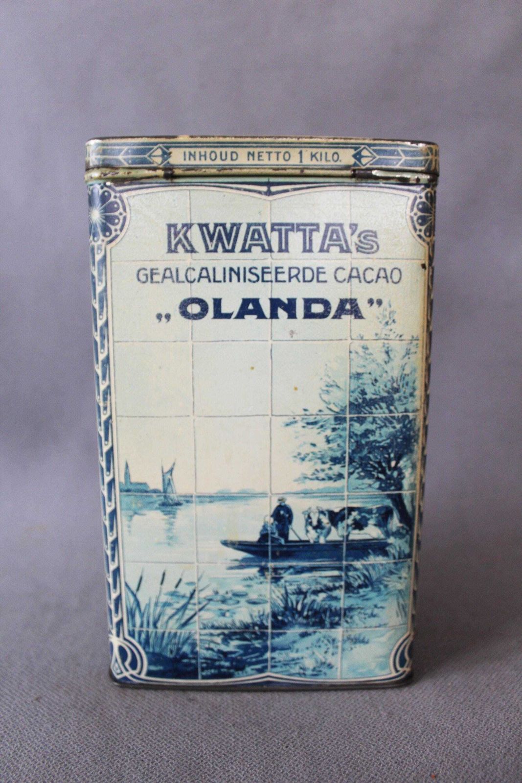 Rare And Large Antique Tin Cacao Box, 1 Kilos Tin Can Kwatta Cacao Olanda, Chocolate, J. B. Gabriels Brussels, Dutch Holland Decor, C 1915 photo 87.0