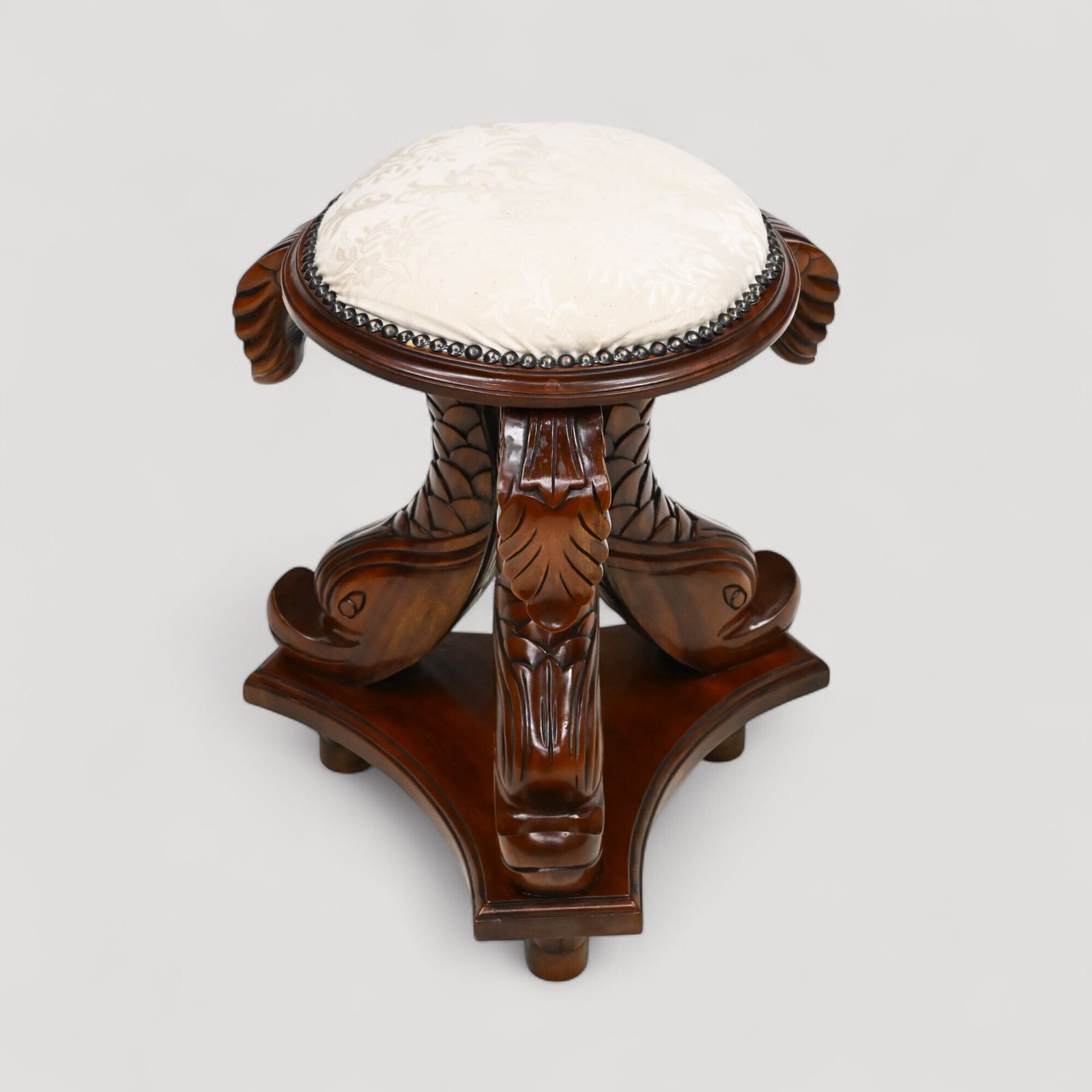Chinese Dressing Stool Fish Carvings Studded Upholstered Seat Free Uk Delivery