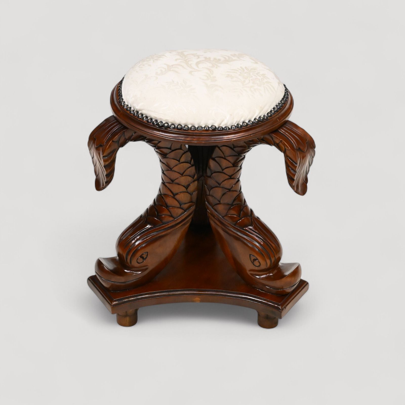 photo for sale Chinese Dressing Stool Fish Carvings Studded Upholstered Seat Free Uk Delivery