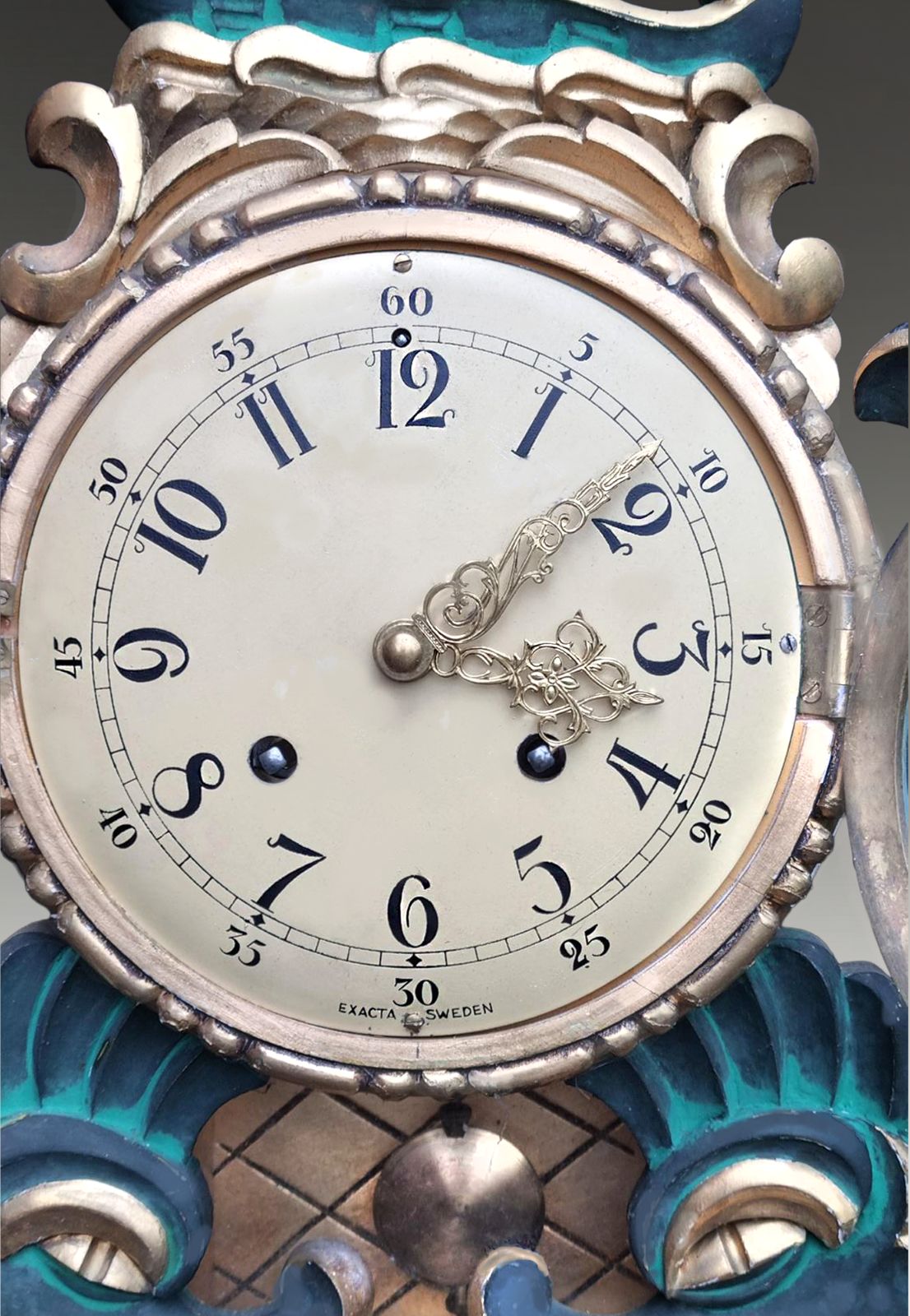 Antique Swedish Gilded Wooden Wall Clock Exacta Made By Hasselblad Sweden 60cm H photo for sale