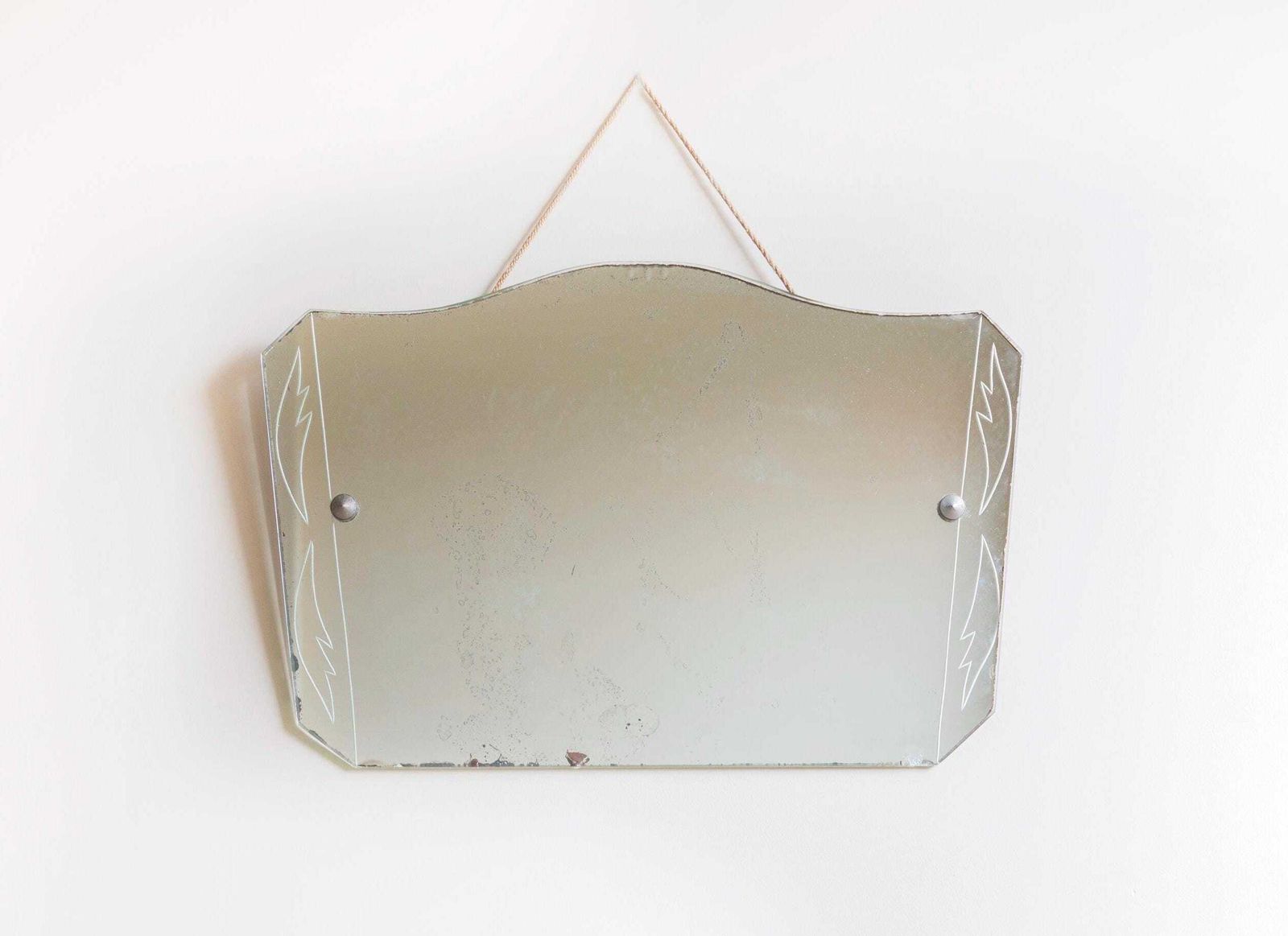 Art Deco Frameless Mirror, Antique Wall Mirror With Hanging Cord, Made In England, Etched Mirror With Facet Cut Glass