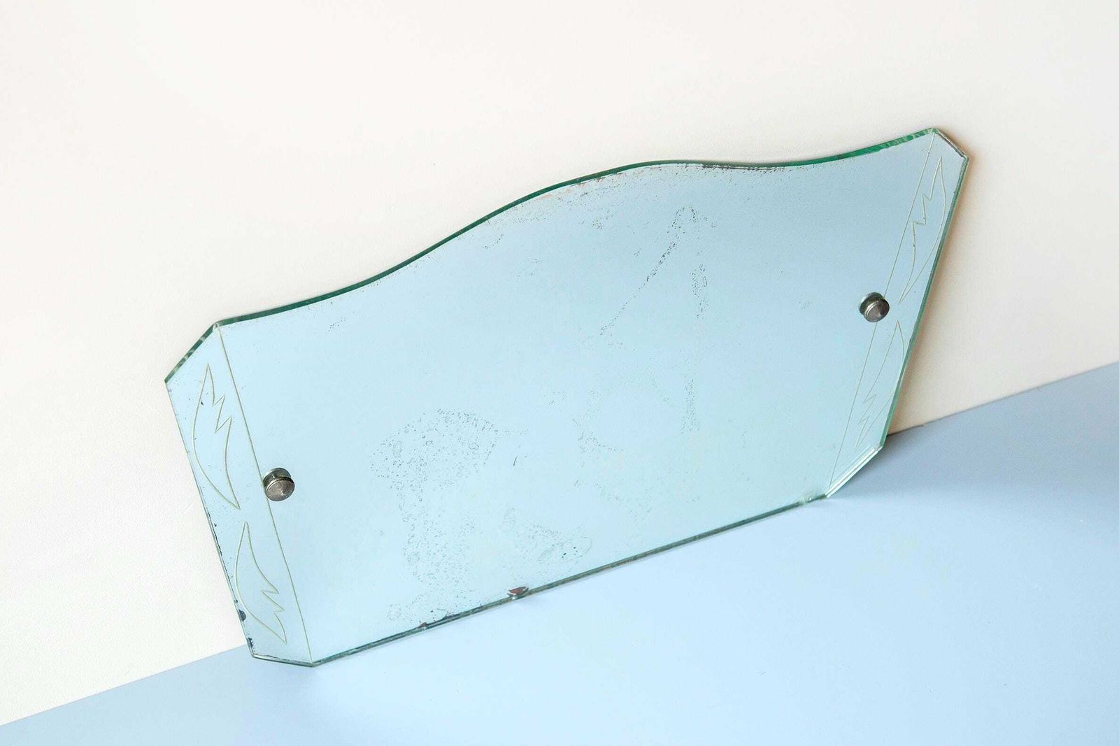 Art Deco Frameless Mirror, Antique Wall Mirror With Hanging Cord, Made In England, Etched Mirror With Facet Cut Glass photo Home Decor