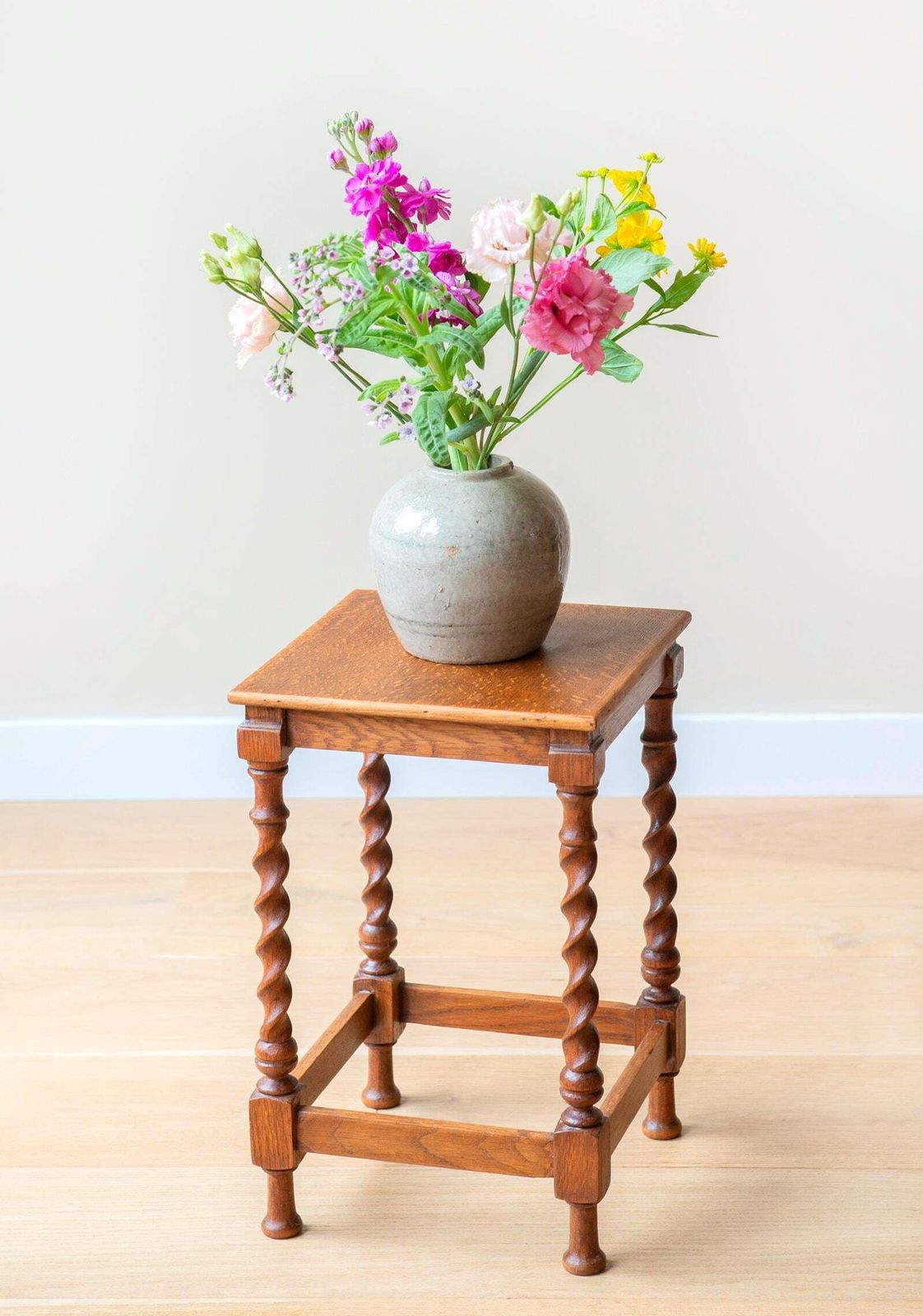 Square Barley Twist Table, Antique Side Table With Turned Legs, Hand Carved Wooden Stool, Rustic Oak Plant Stand photo furniture