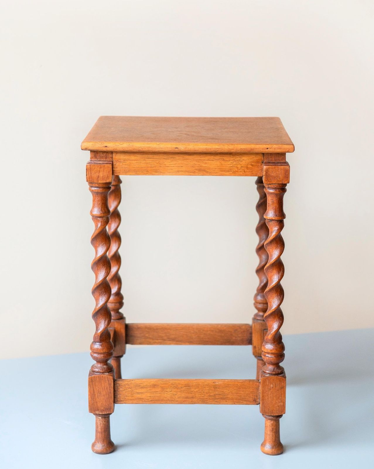 Square Barley Twist Table, Antique Side Table With Turned Legs, Hand Carved Wooden Stool, Rustic Oak Plant Stand photo Furniture