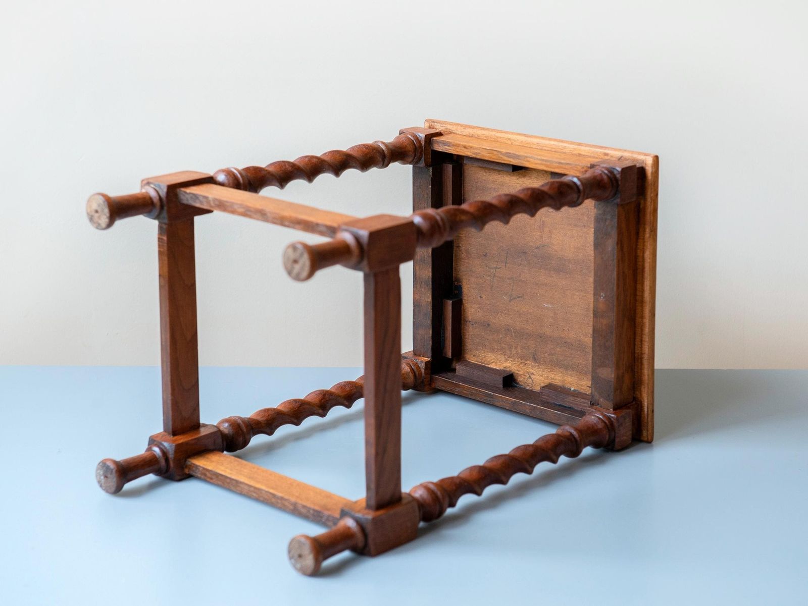 photo for sale Square Barley Twist Table, Antique Side Table With Turned Legs, Hand Carved Wooden Stool, Rustic Oak Plant Stand
