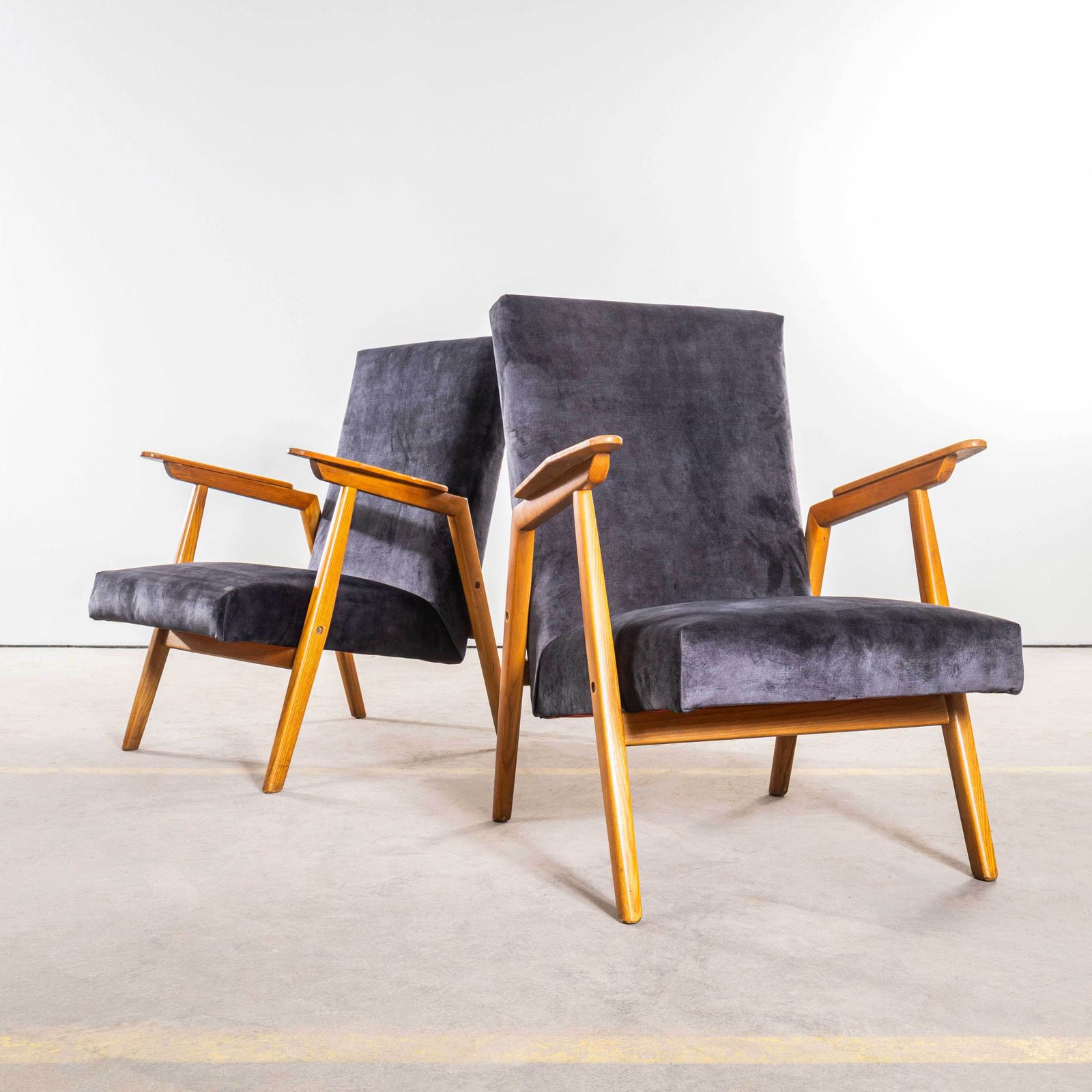 1950’s Mid Century Upholstered Grey Armchairs With Straight Arms And Top Caps photo furniture