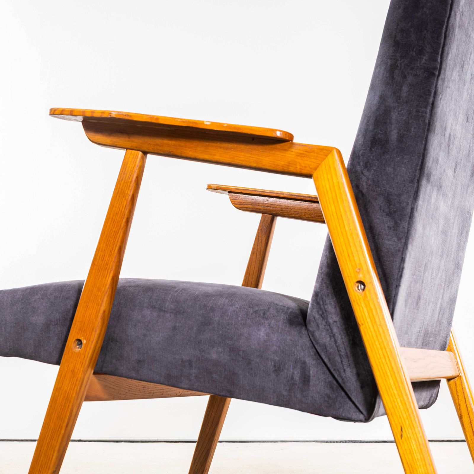 1950’s Mid Century Upholstered Grey Armchairs With Straight Arms And Top Caps photo Furniture