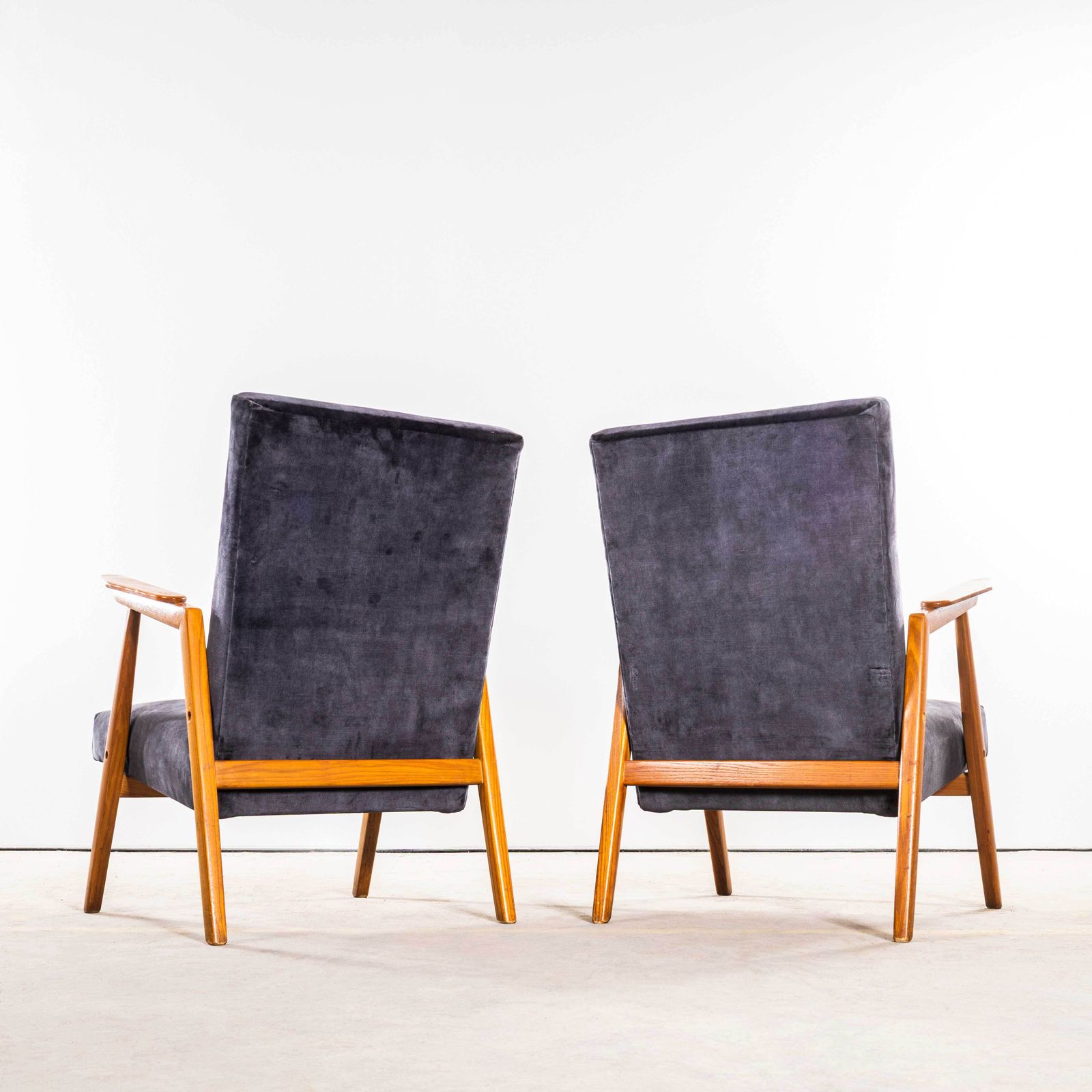 1950’s Mid Century Upholstered Grey Armchairs With Straight Arms And Top Caps photo vintage