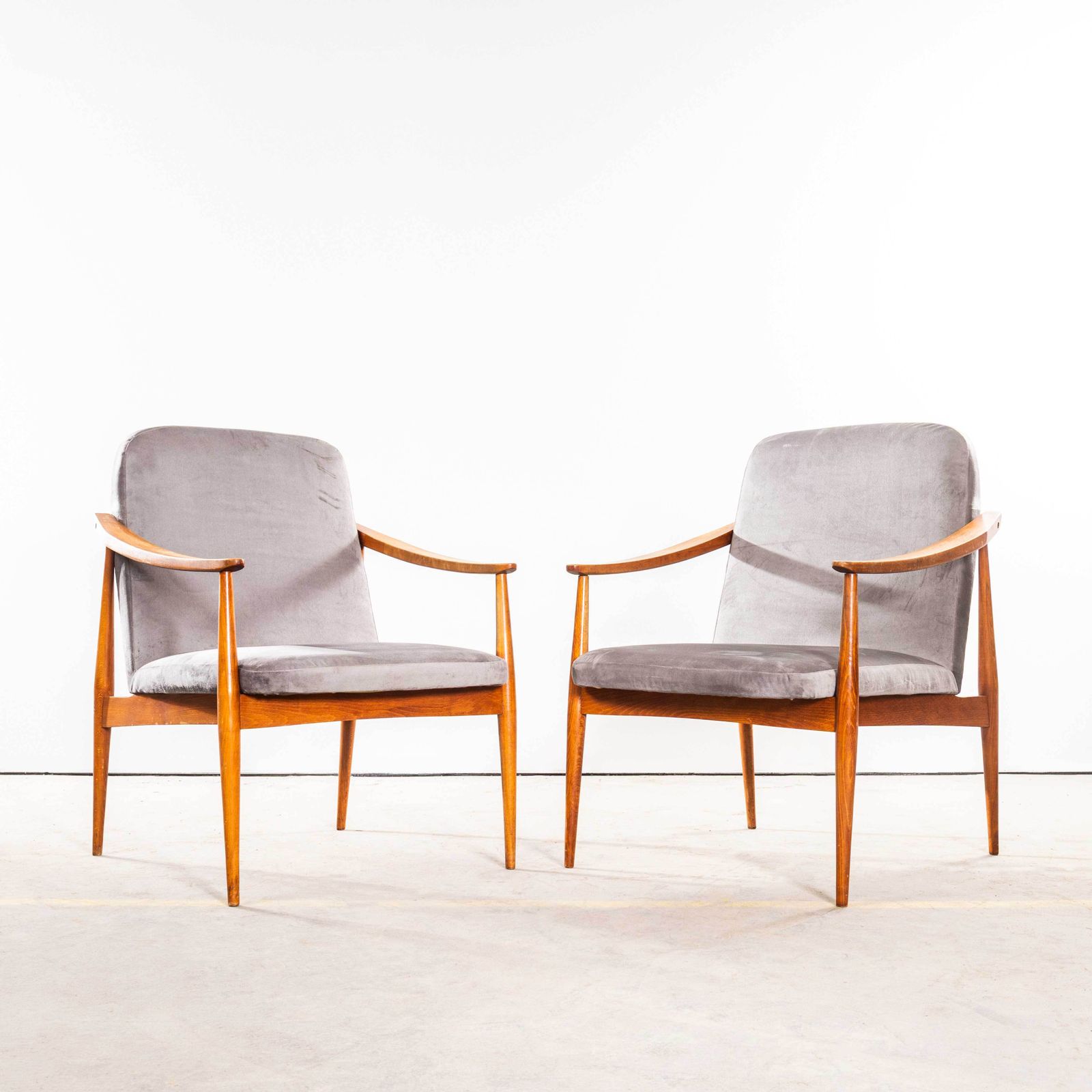 1950’s Mid Century Upholstered Light Grey Armchairs With Straight Arms And Top Caps