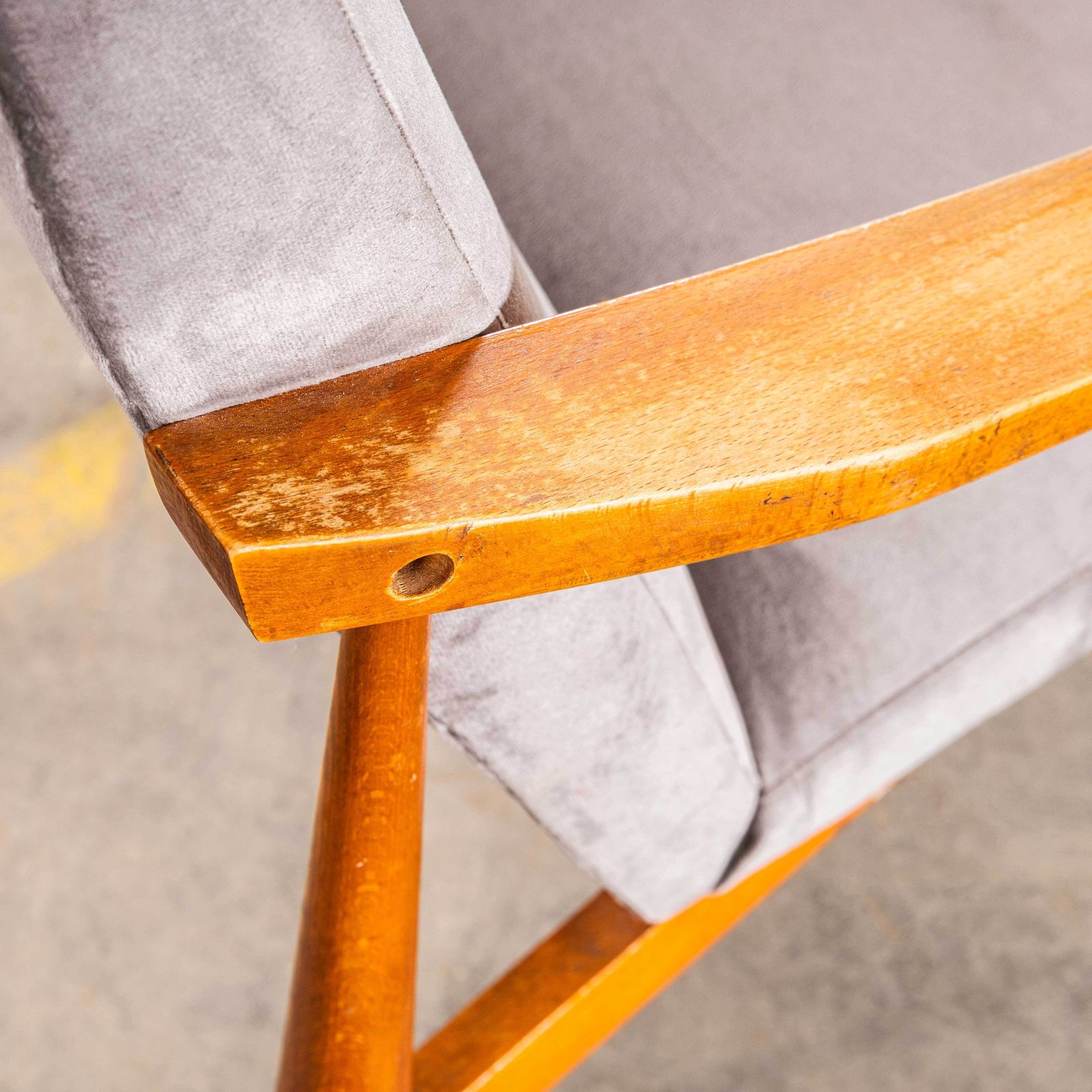1950’s Mid Century Upholstered Light Grey Armchairs With Straight Arms And Top Caps photo vintage
