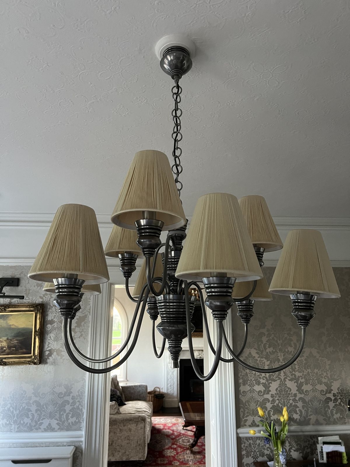 David Hunt Doreen 9 Light Pewter Chandelier With Sea Mist Gold String Shades photo Lighting